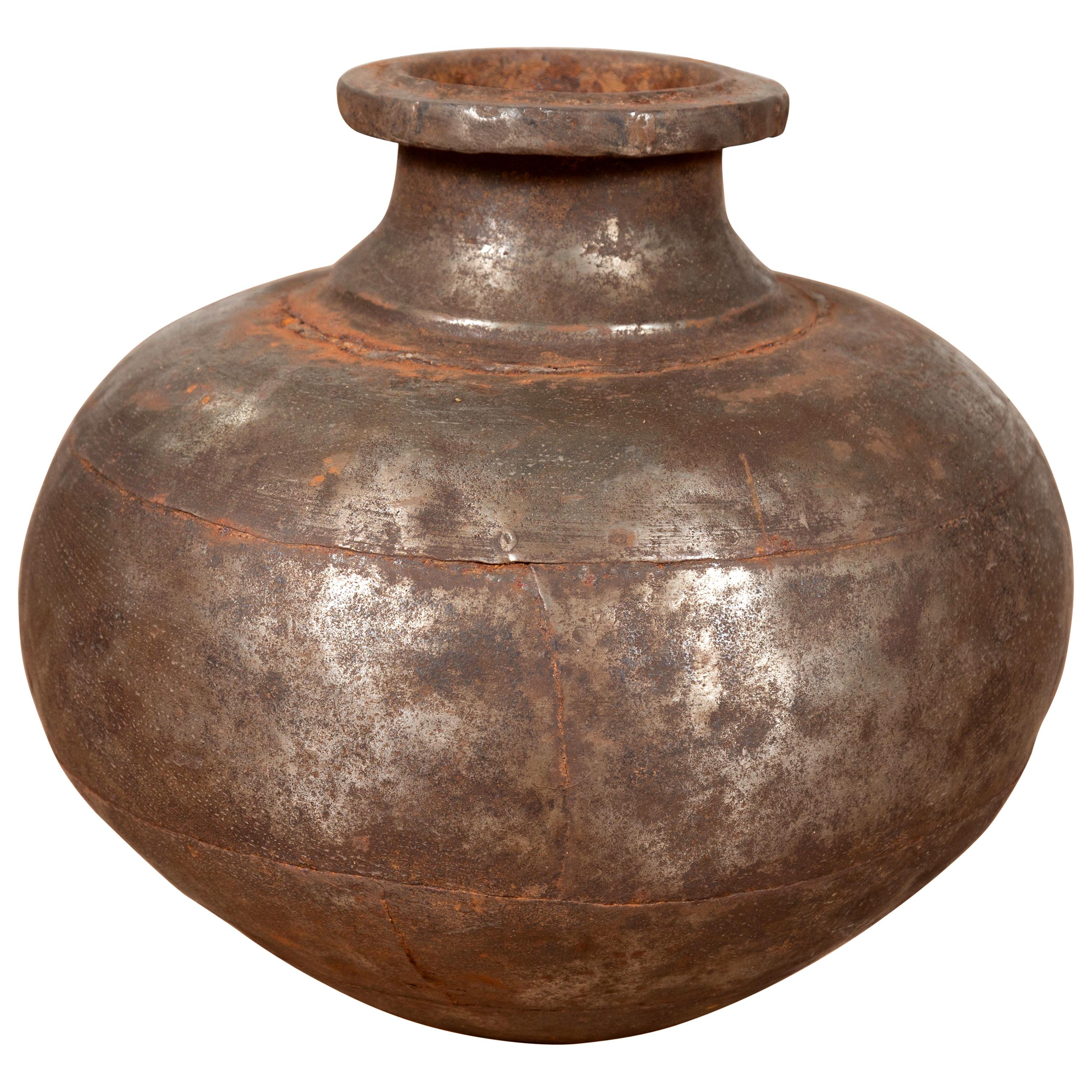 Indian 19th Century Metal Water Jug with Generous Belly and Protruding Lip For Sale
