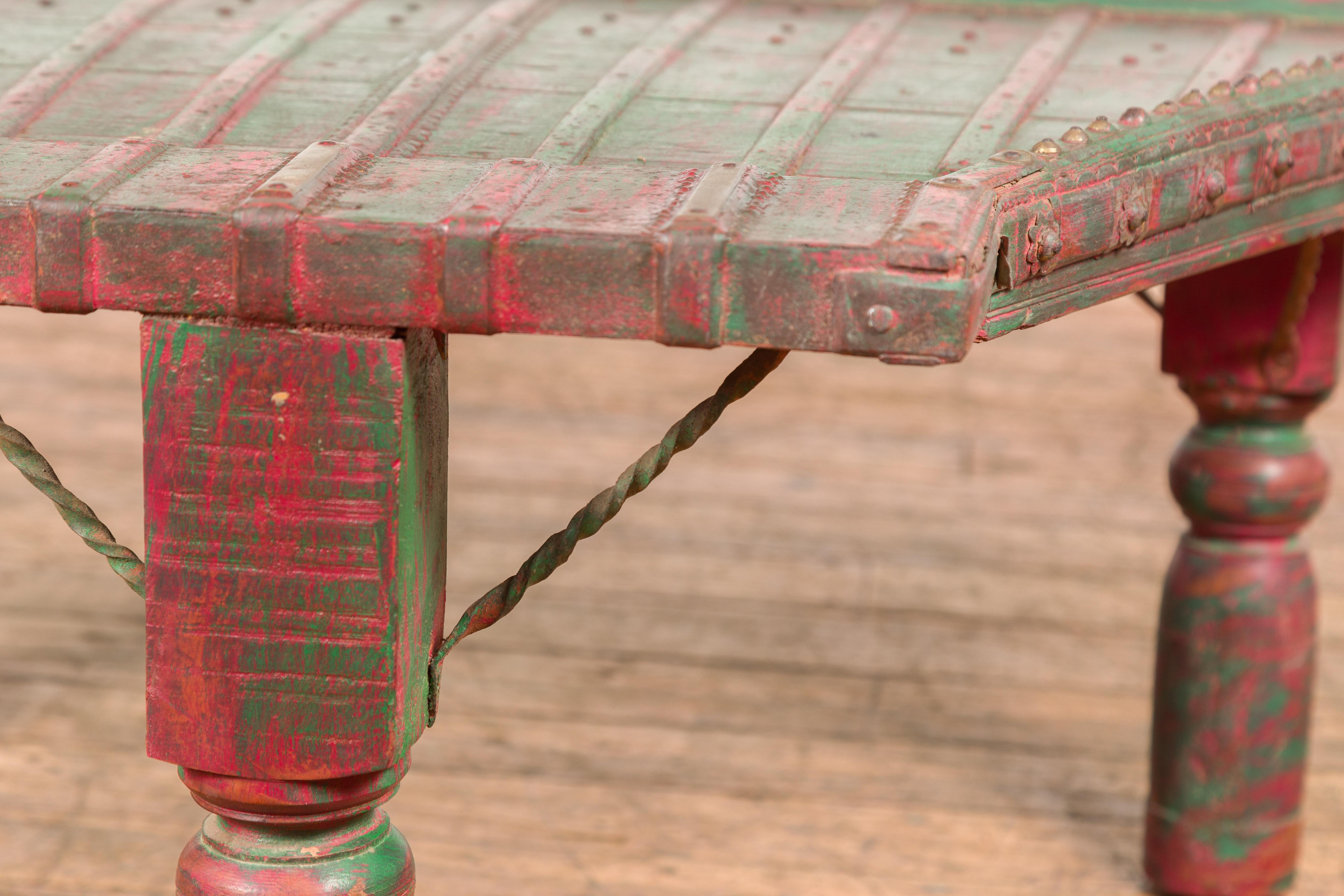 19th Century Triangular Green & Red Cart Converted into Coffee Table For Sale