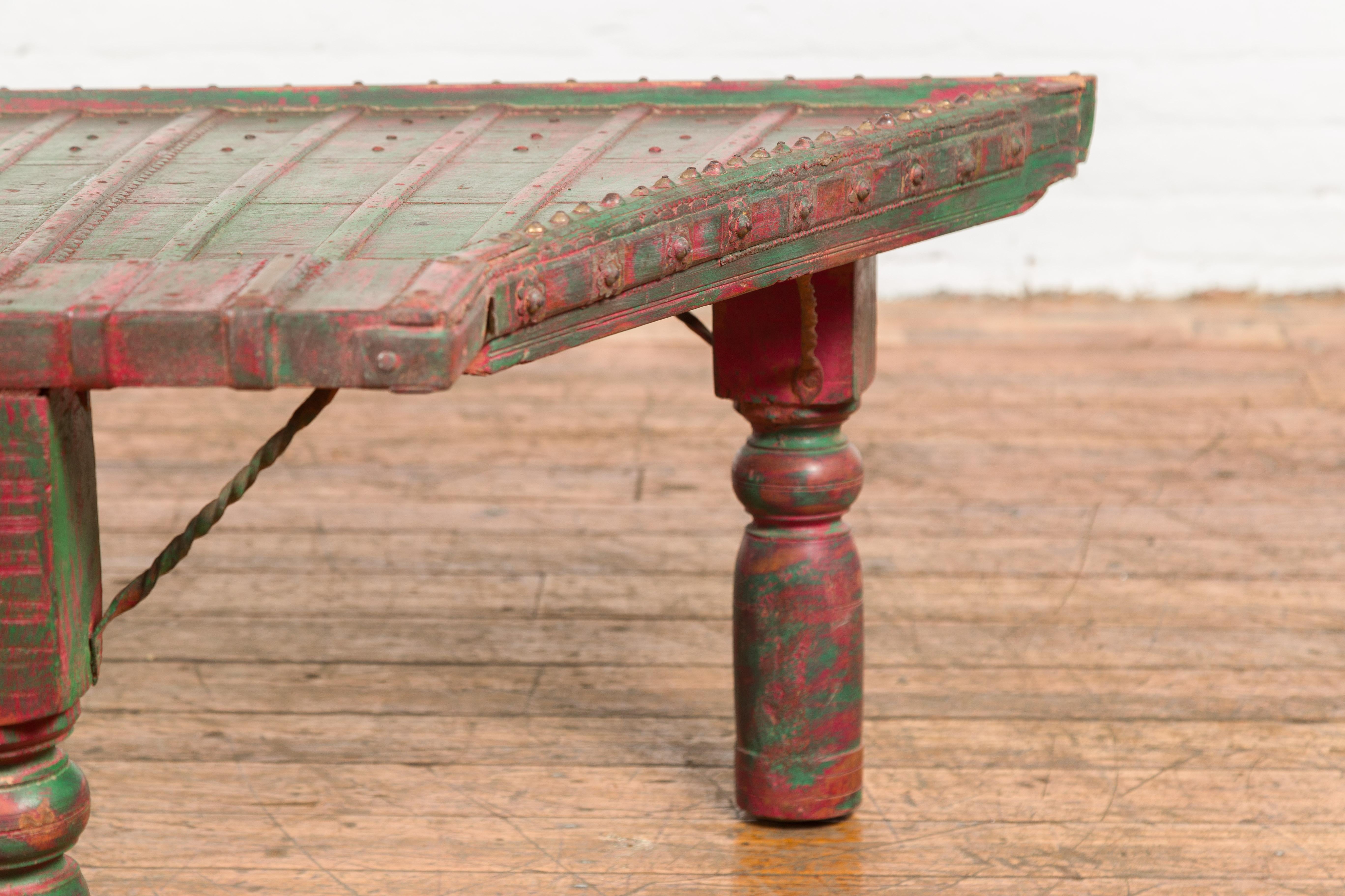Triangular Green & Red Cart Converted into Coffee Table For Sale 1