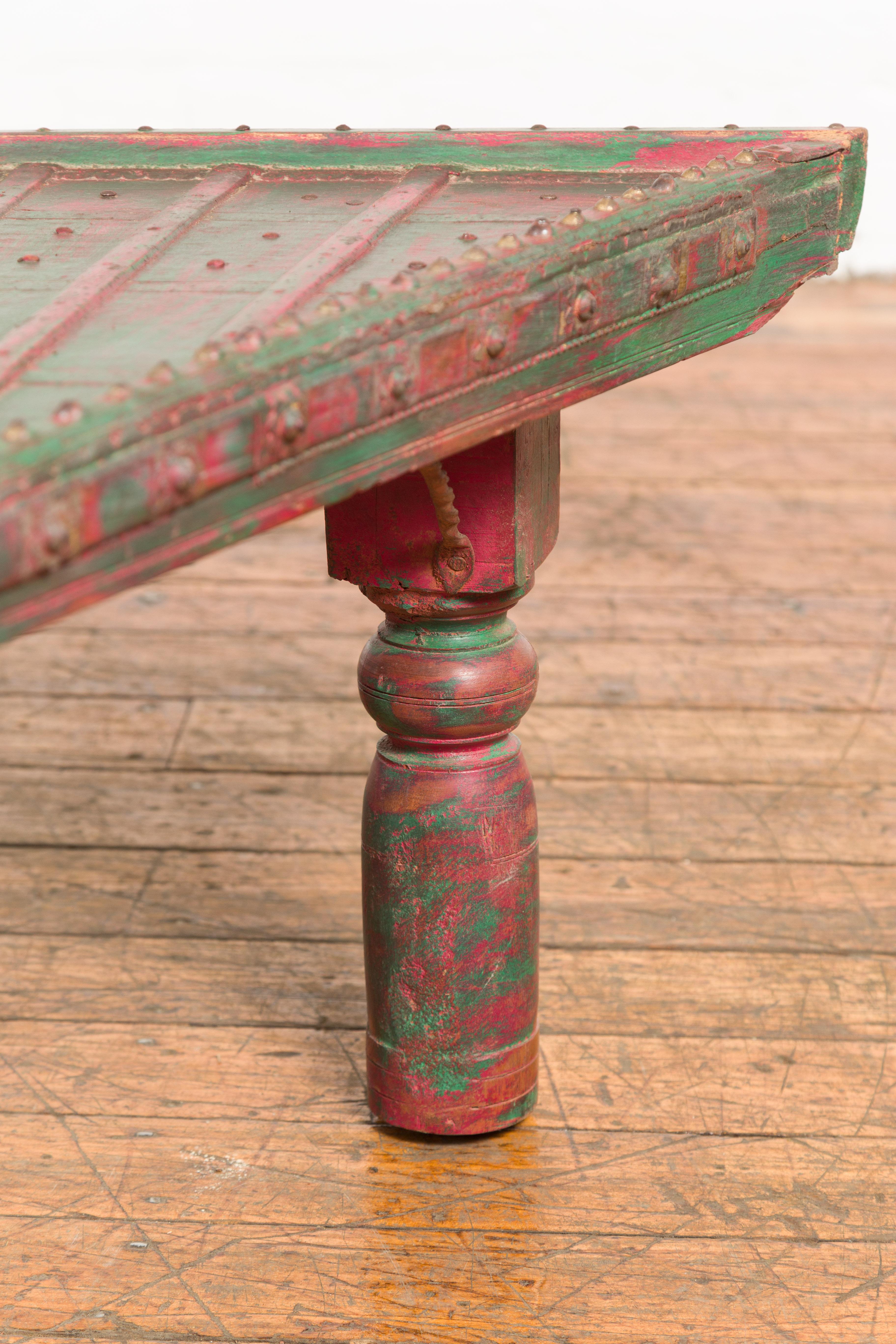 Triangular Green & Red Cart Converted into Coffee Table For Sale 3