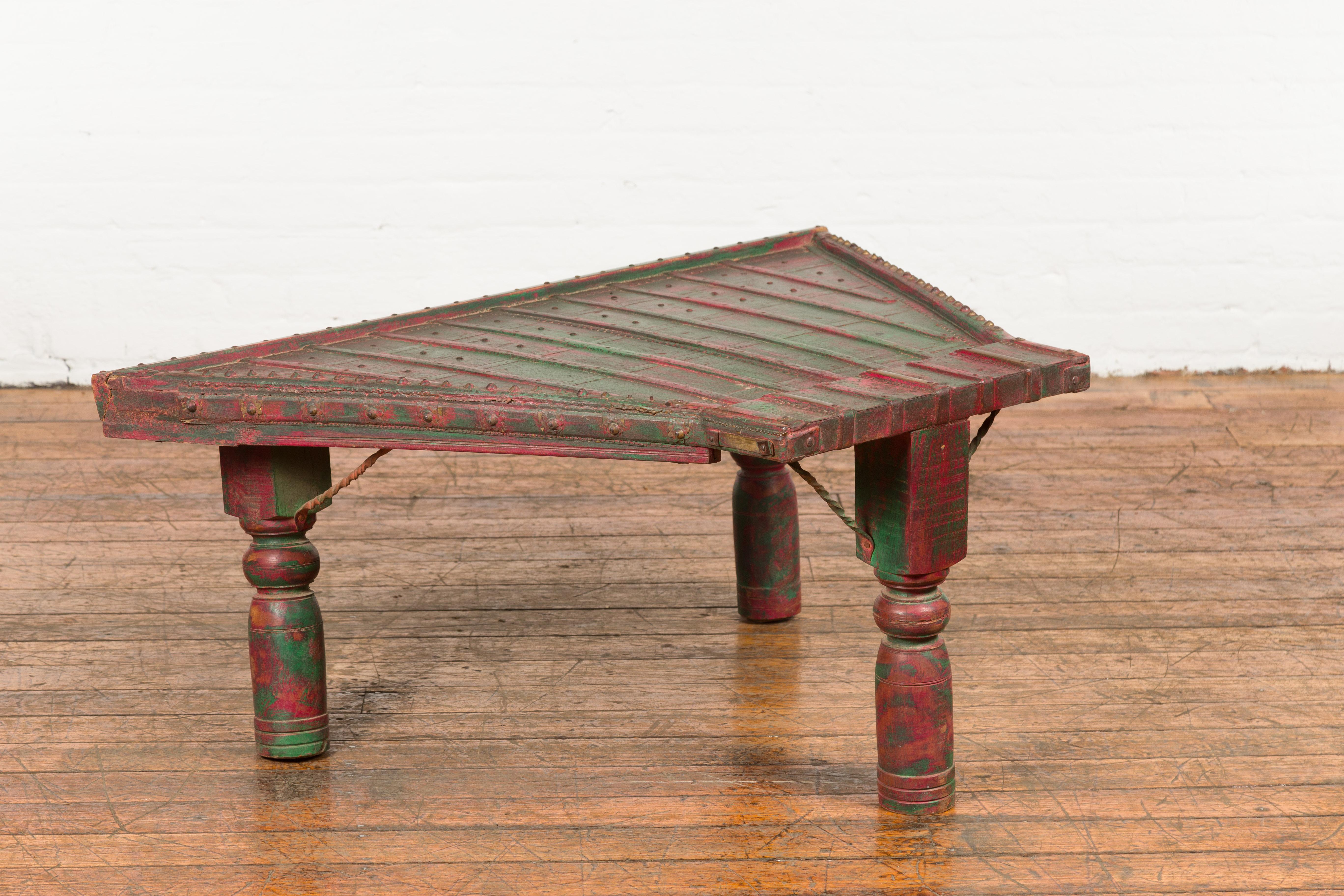 Triangular Green & Red Cart Converted into Coffee Table For Sale 4