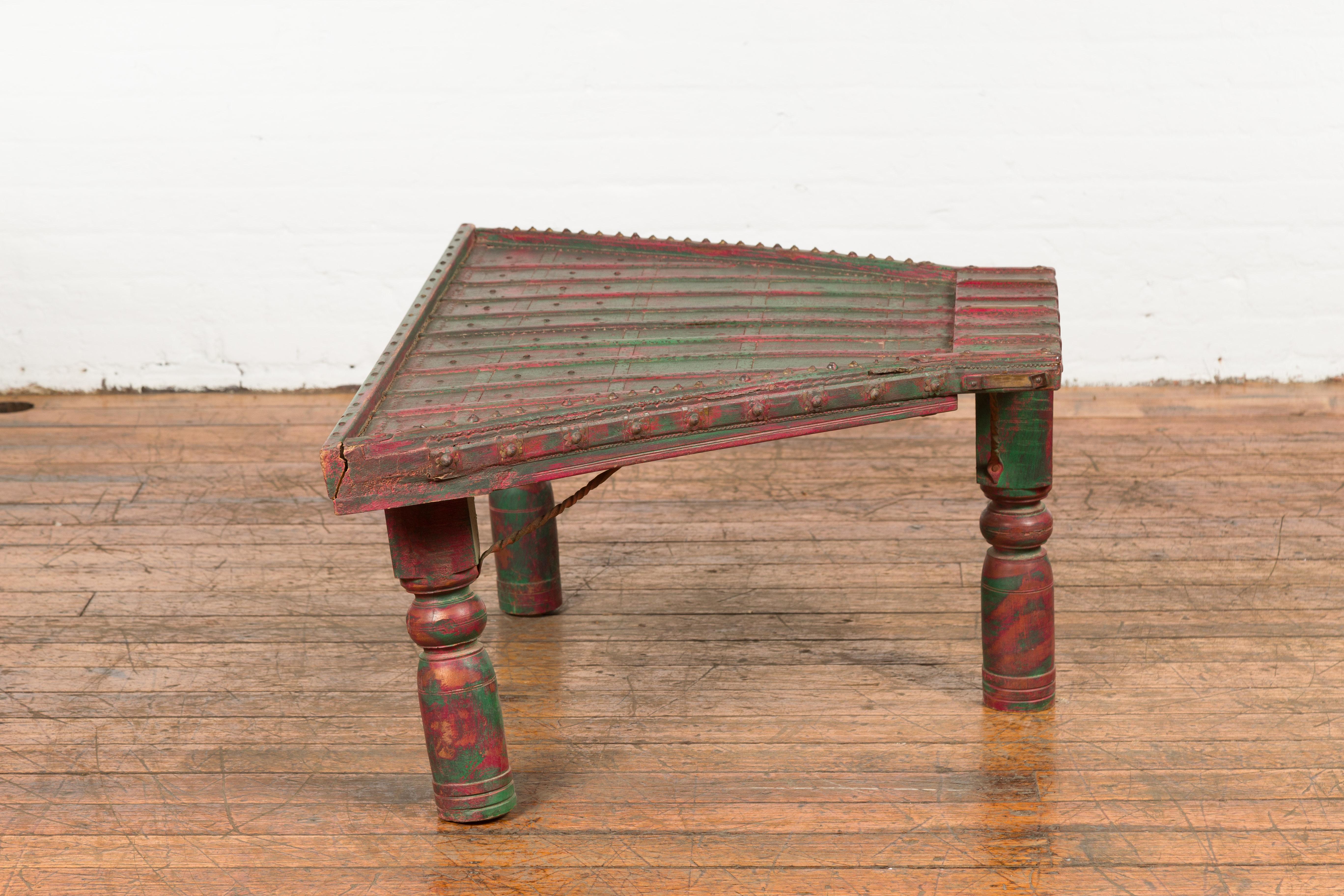 Triangular Green & Red Cart Converted into Coffee Table For Sale 5