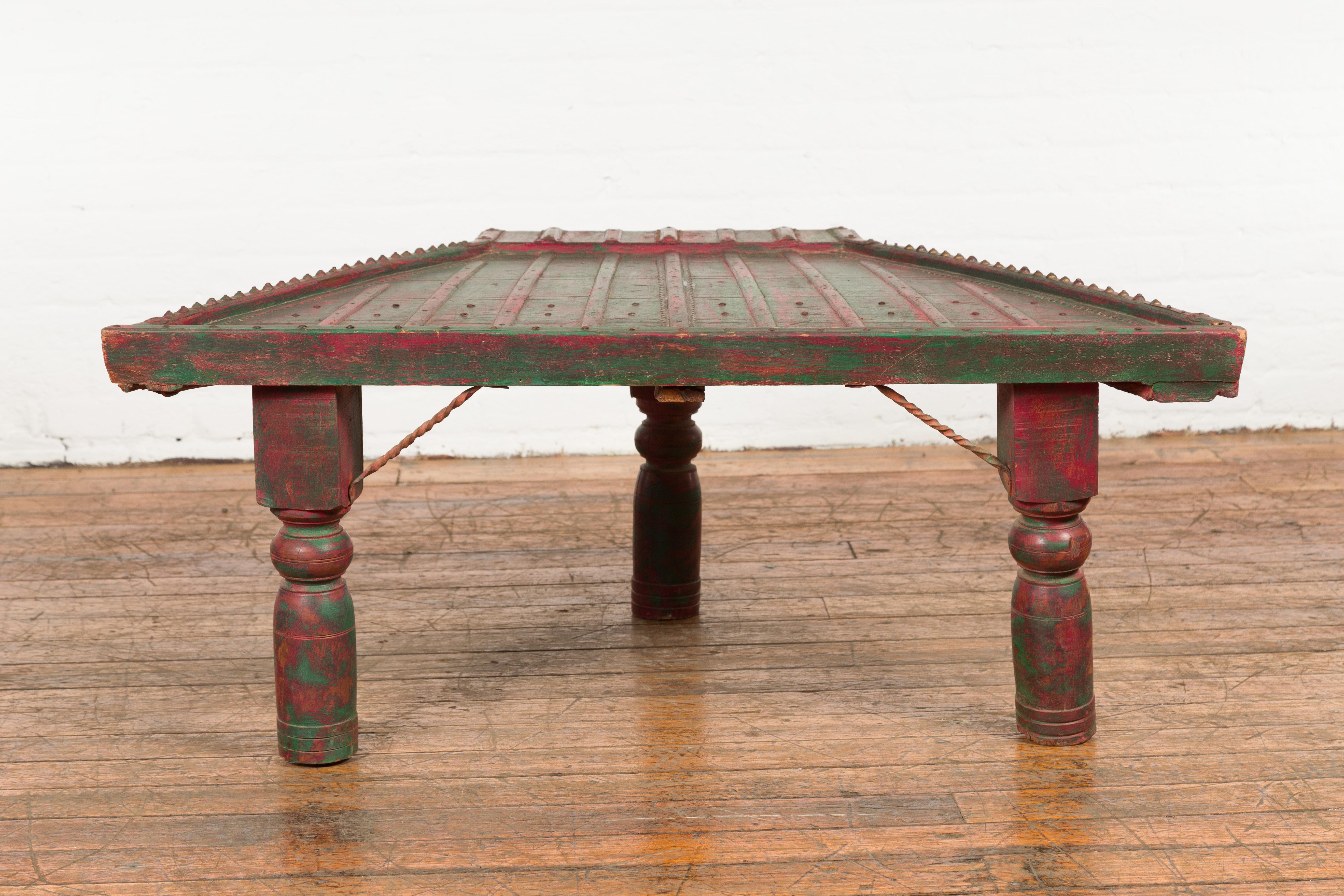 Triangular Green & Red Cart Converted into Coffee Table For Sale 5