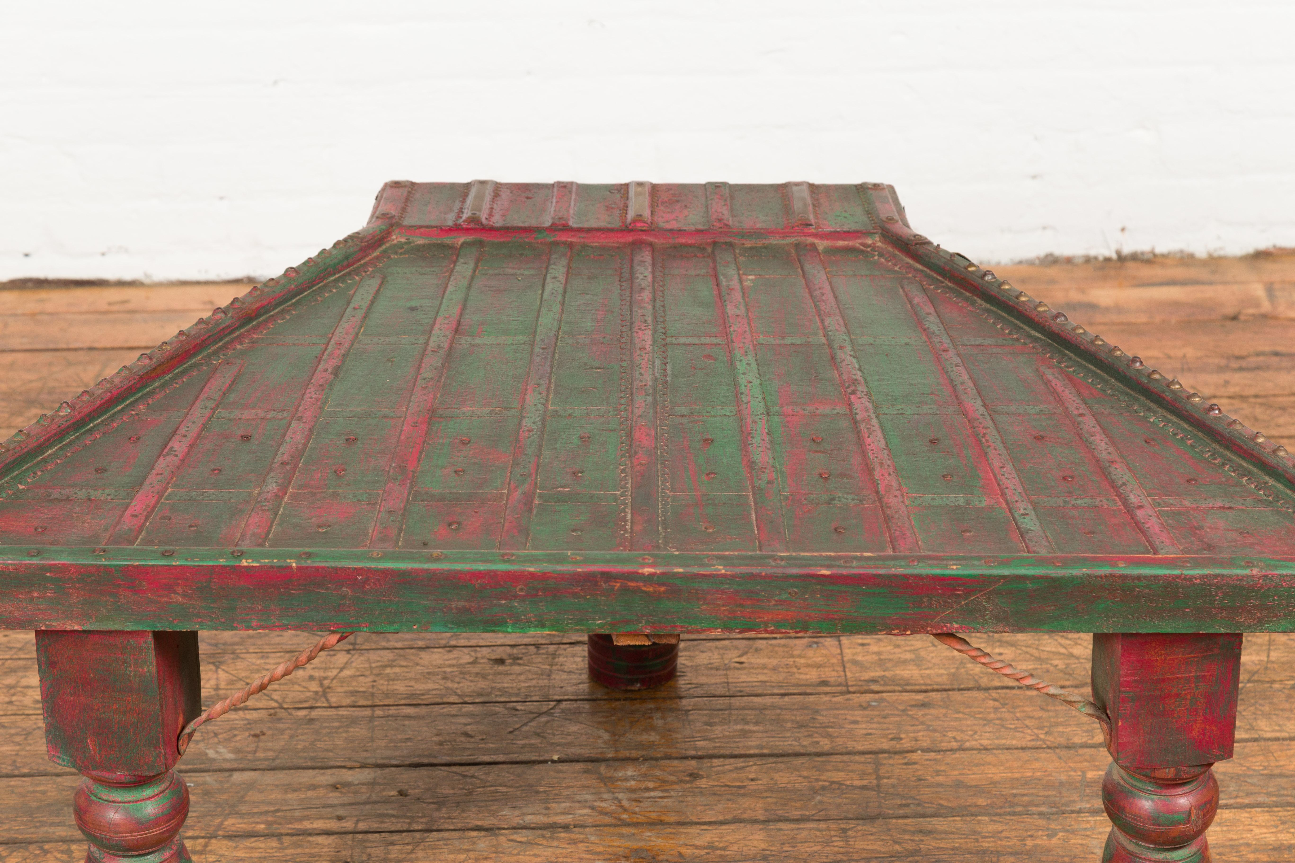 Triangular Green & Red Cart Converted into Coffee Table For Sale 6