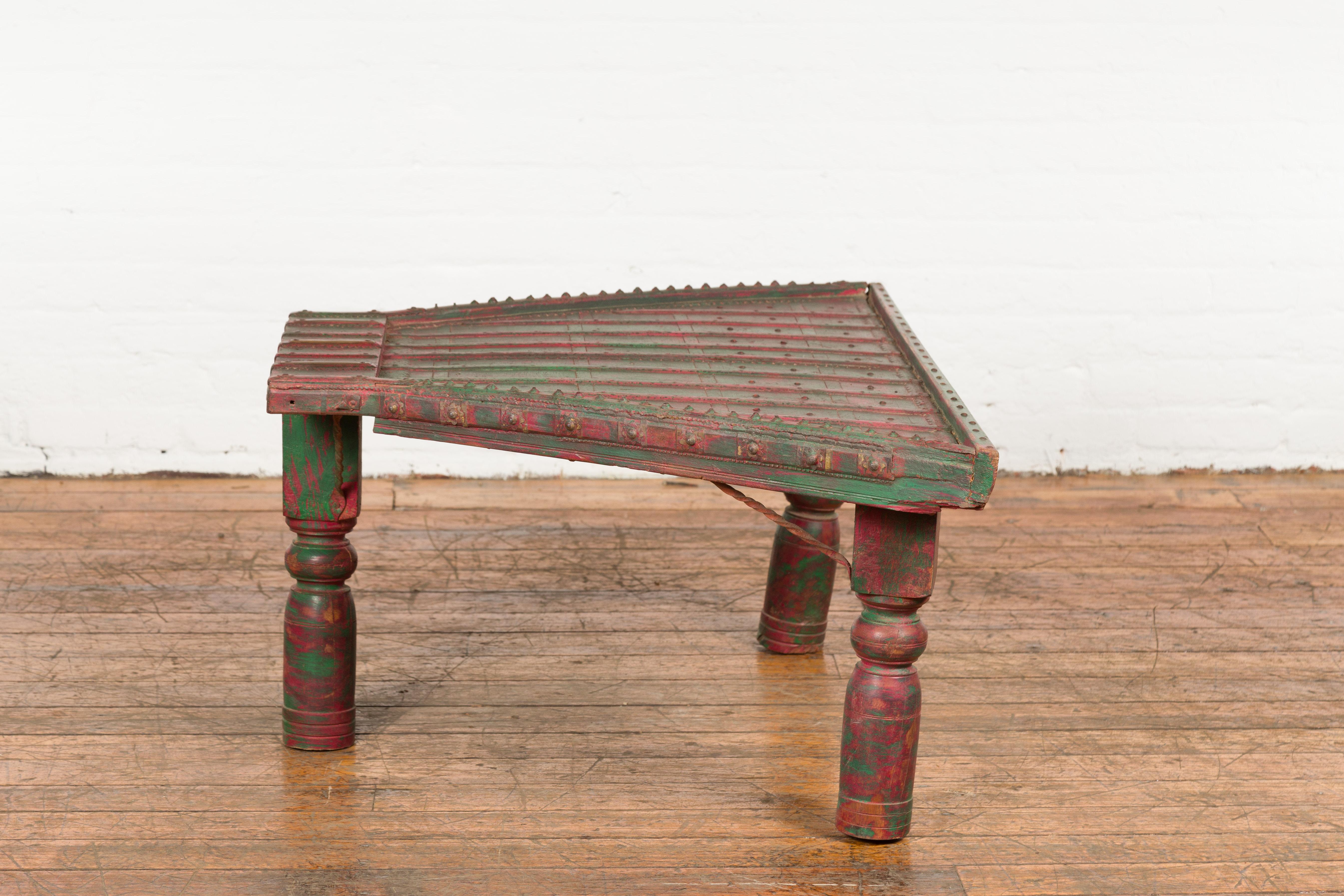 Triangular Green & Red Cart Converted into Coffee Table For Sale 8