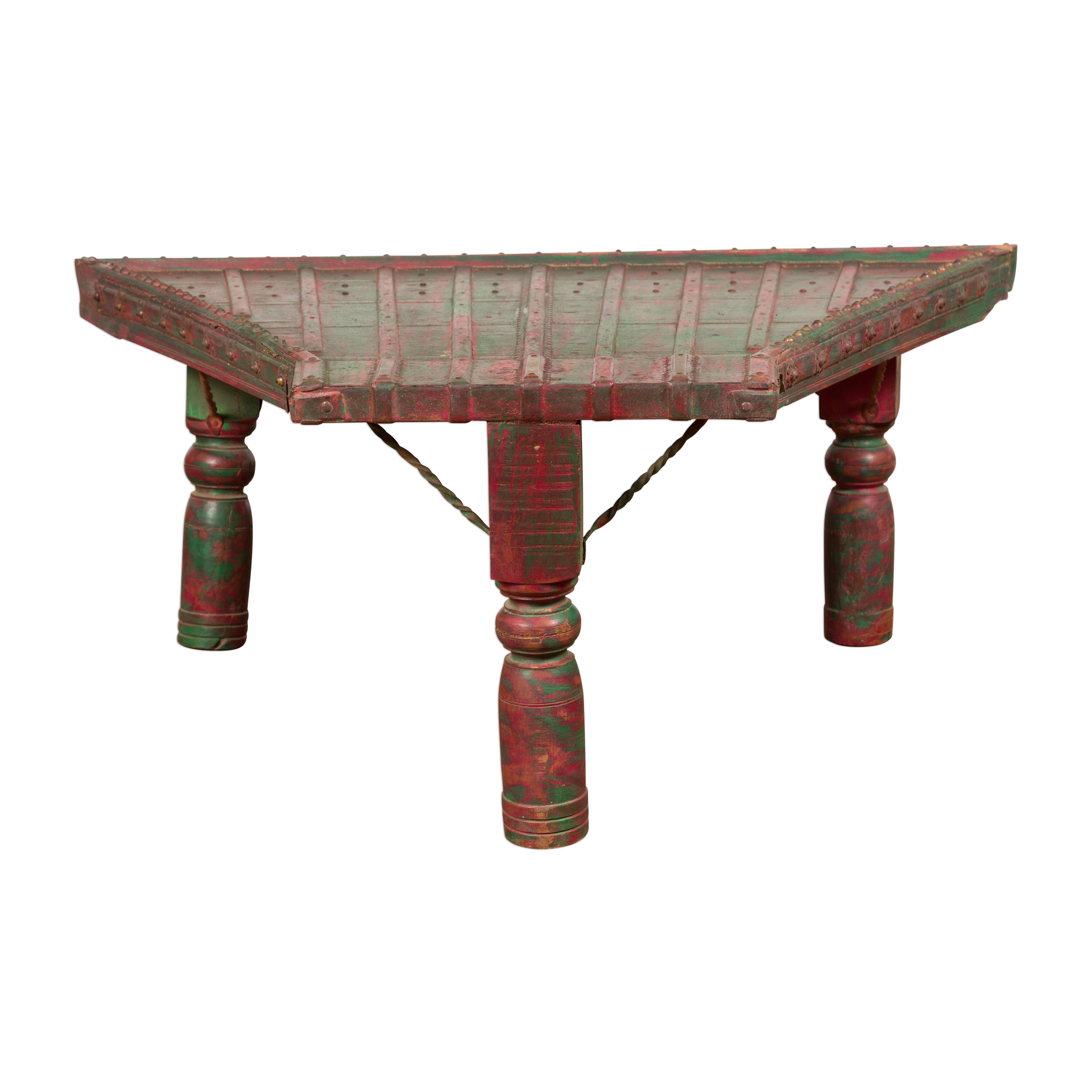 Triangular Green & Red Cart Converted into Coffee Table For Sale 9