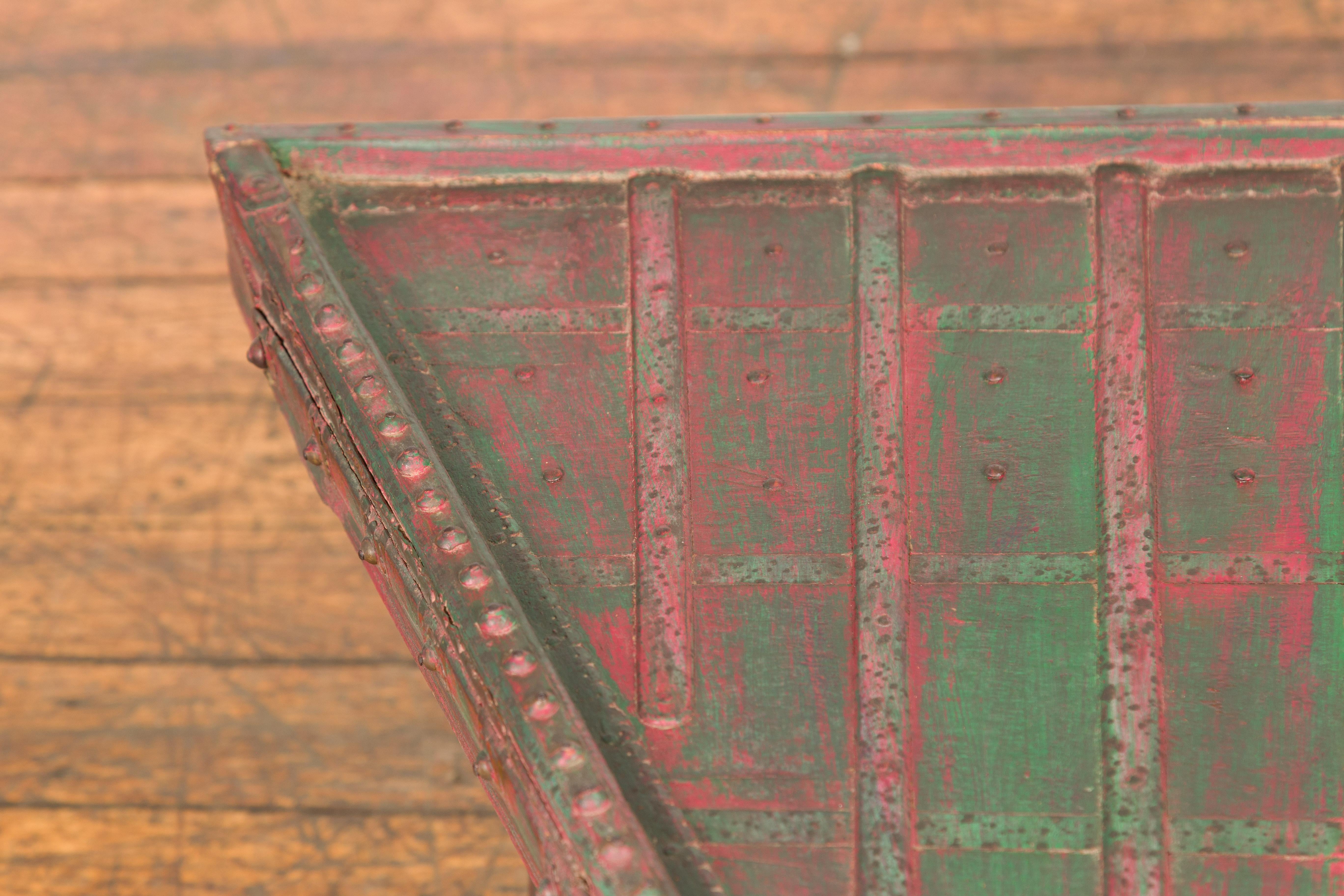 Rustic Triangular Green & Red Cart Converted into Coffee Table For Sale