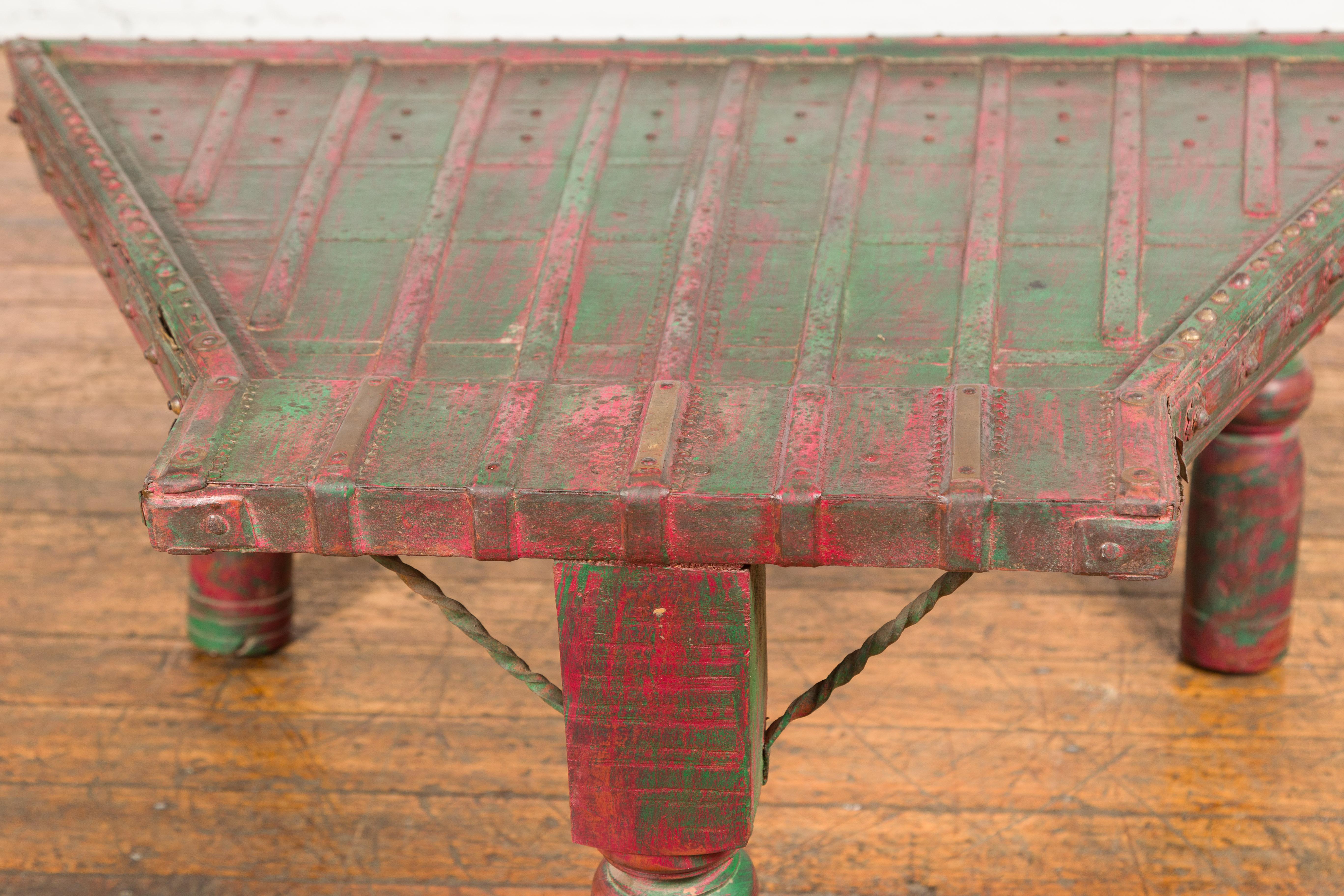 Painted Triangular Green & Red Cart Converted into Coffee Table For Sale