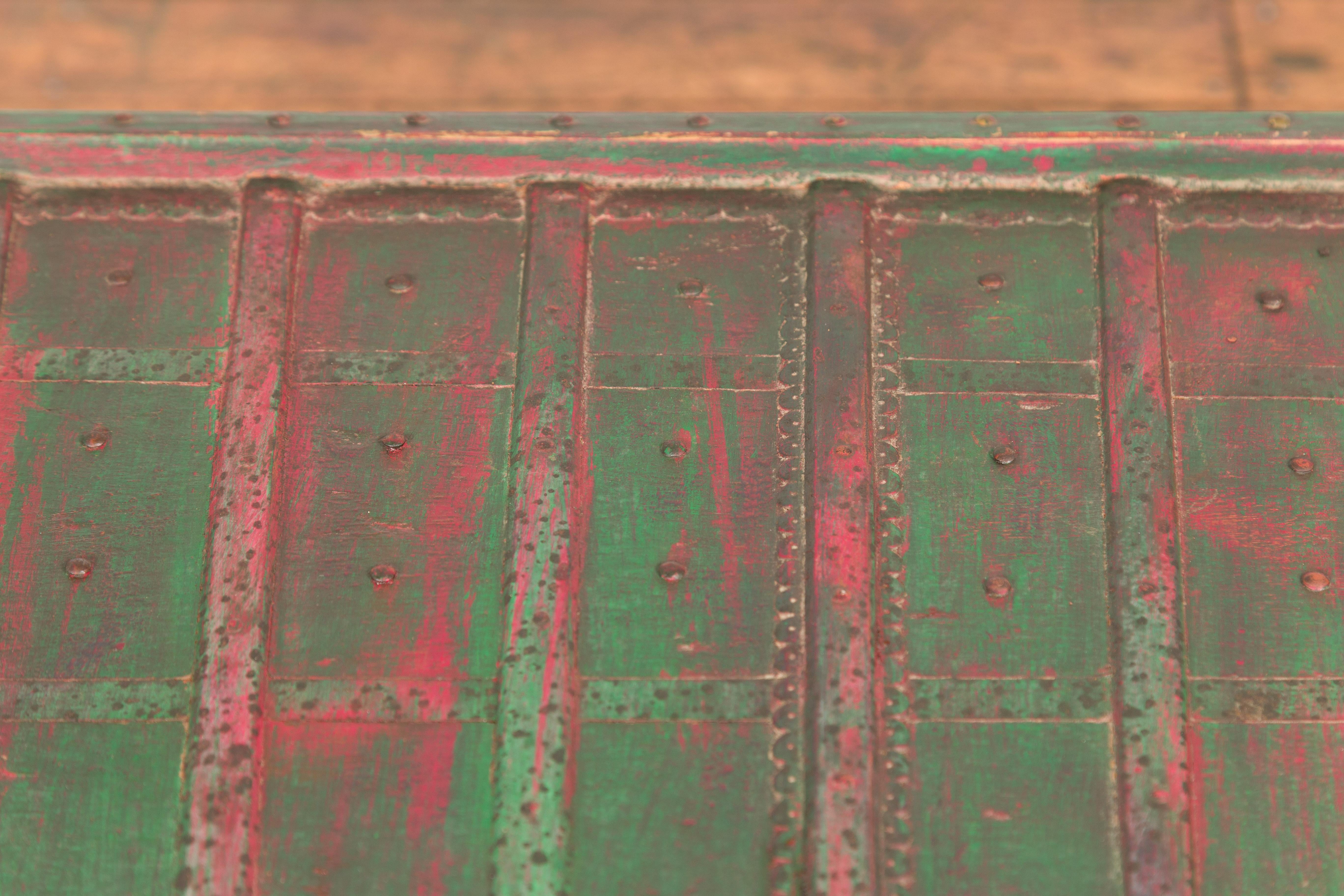 Painted Triangular Green & Red Cart Converted into Coffee Table For Sale