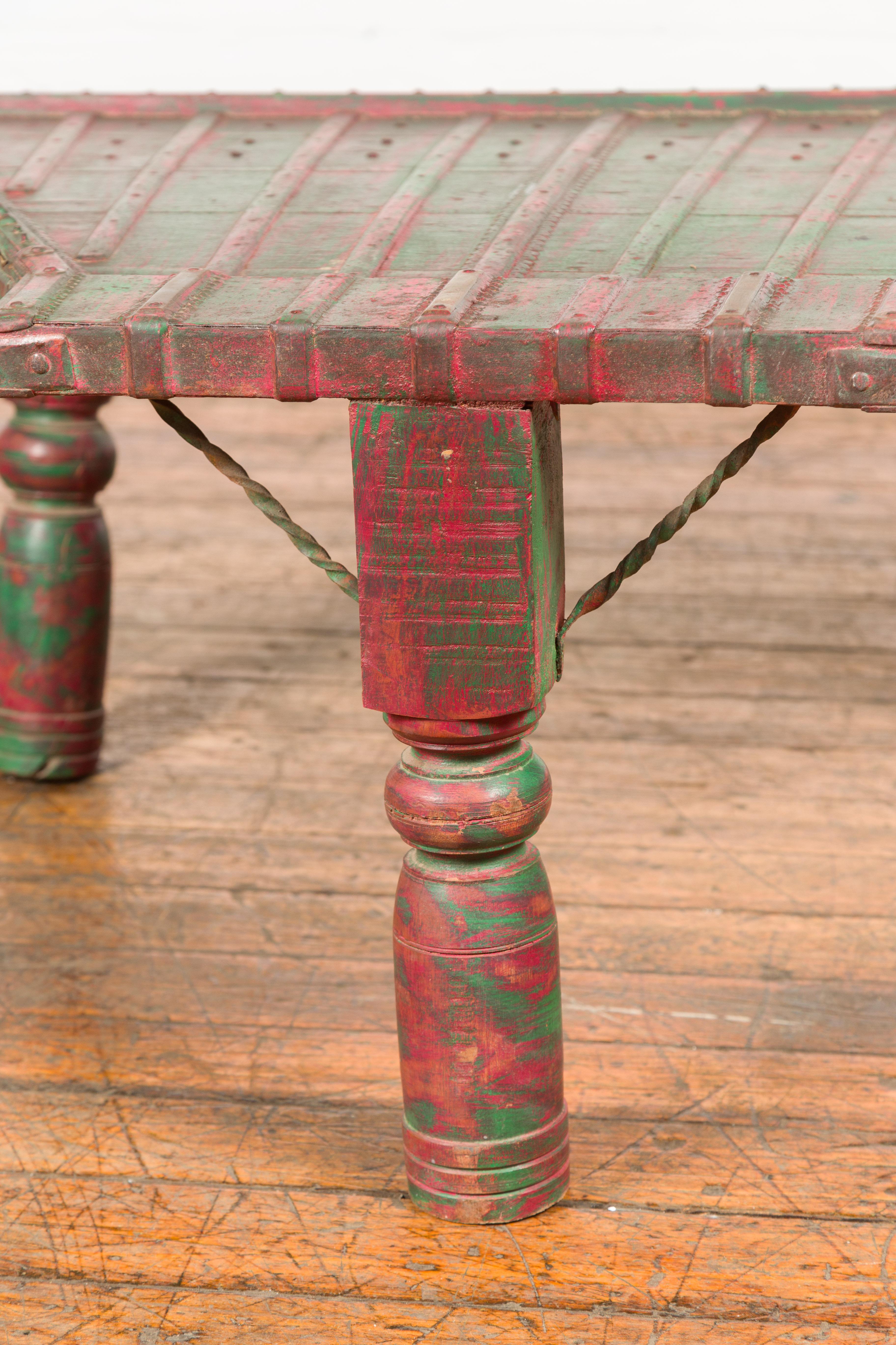 Triangular Green & Red Cart Converted into Coffee Table In Good Condition For Sale In Yonkers, NY
