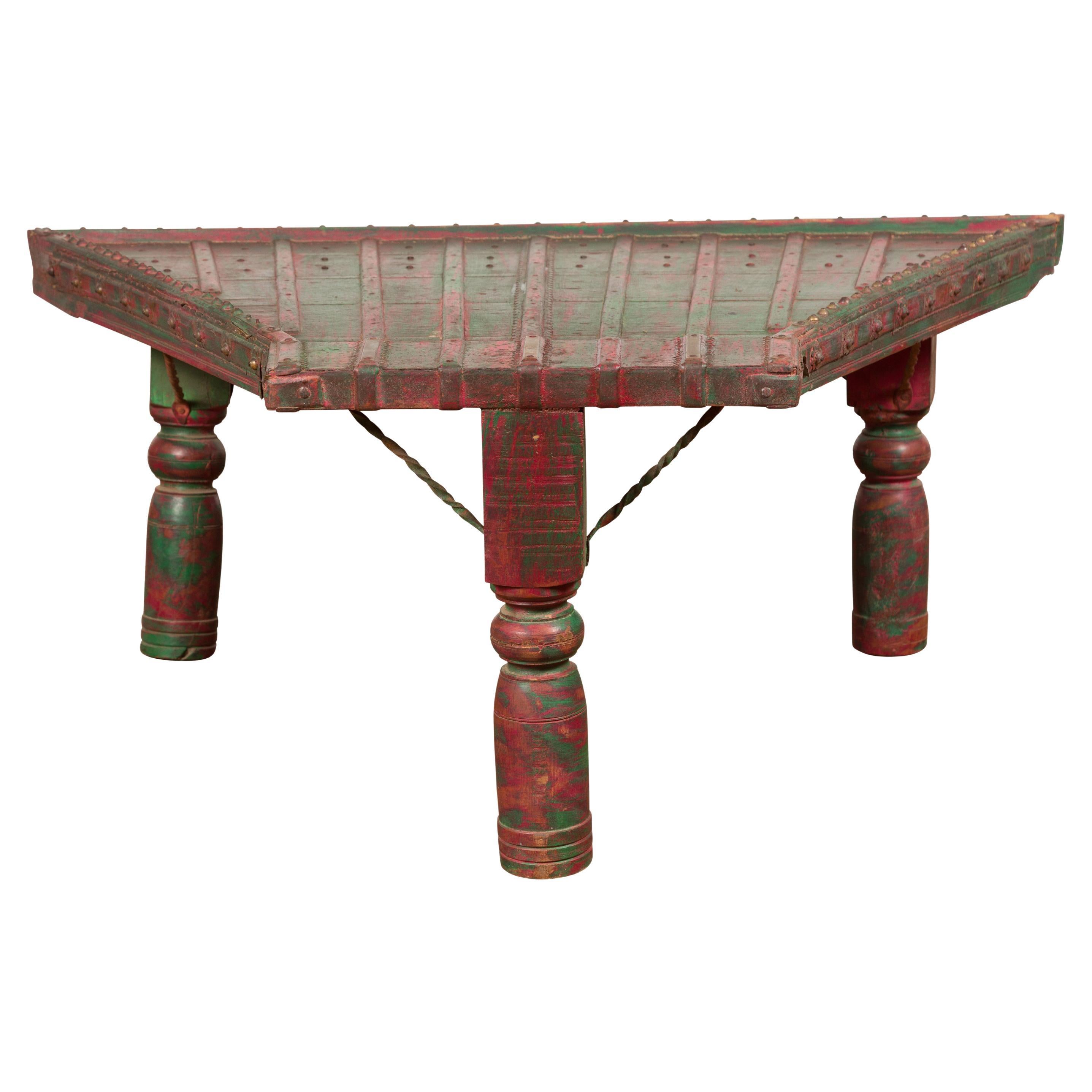 Triangular Green & Red Cart Converted into Coffee Table For Sale