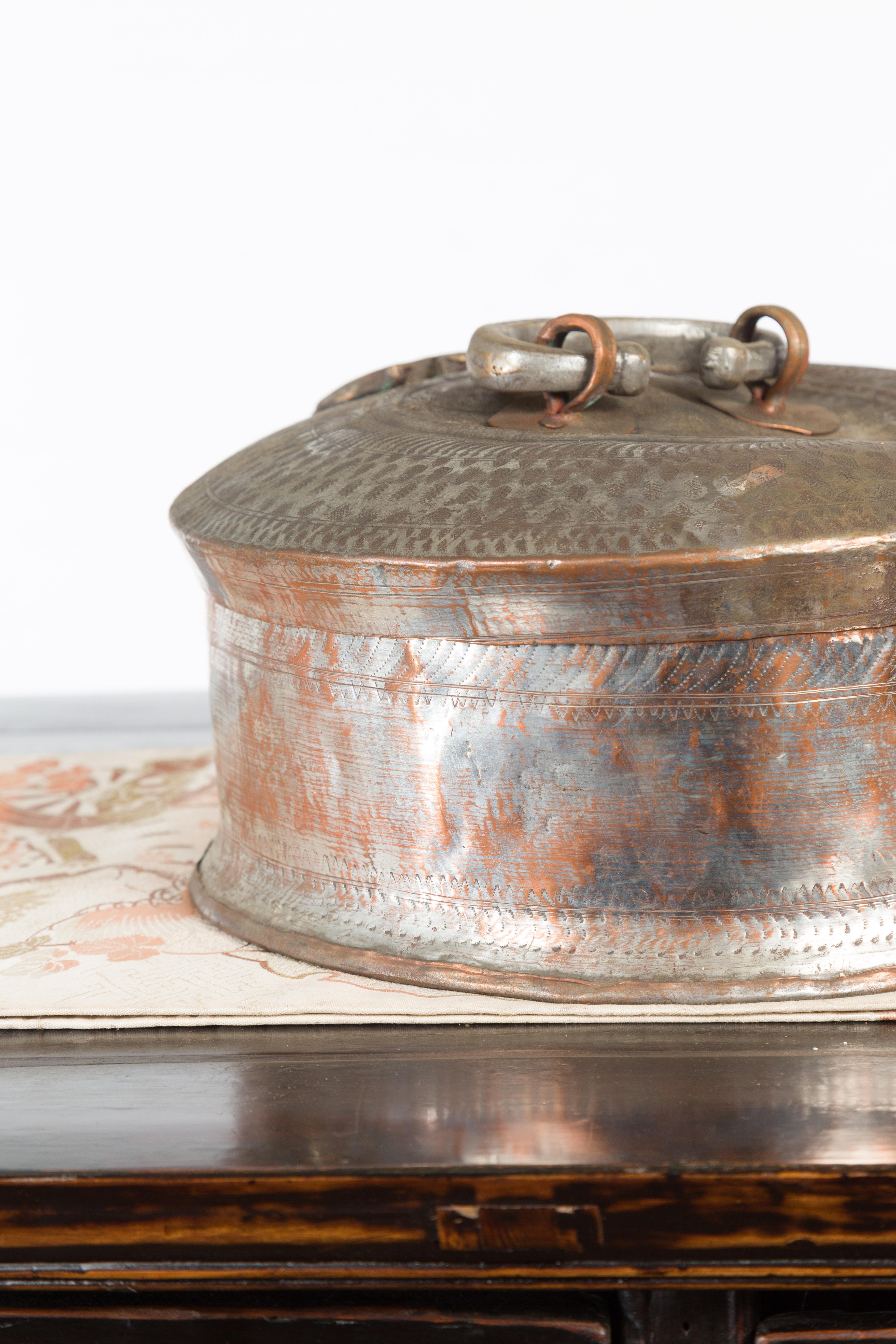 Indian 19th Century Round Silver Plated Copper Box with Incised Motifs 2