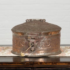 Indian 19th Century Round Silver Plated Metal Box with Pierced Foliage Motifs