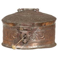 Indian 19th Century Round Silver Plated Metal Box with Pierced Foliage Motifs