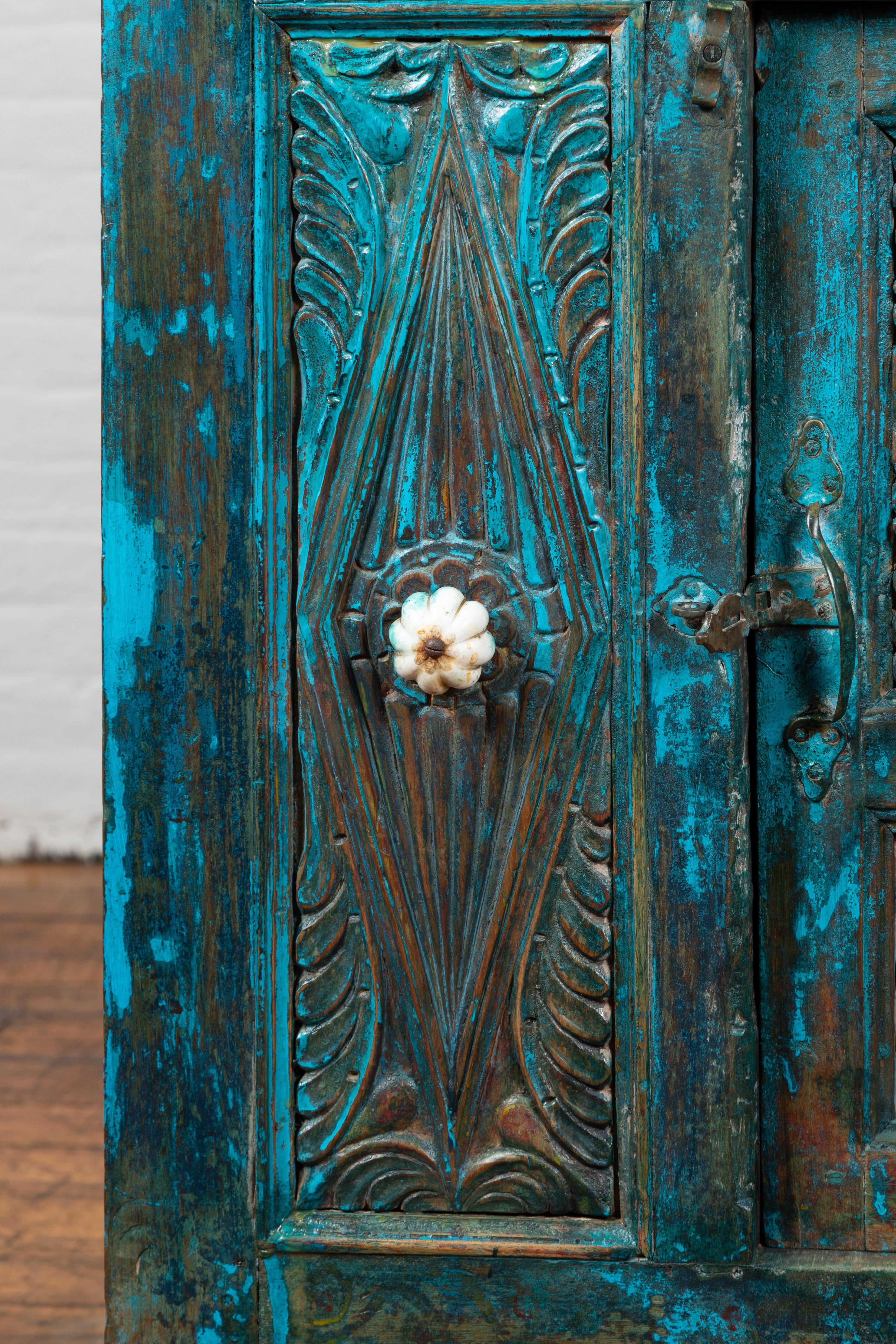 Indian 19th Century Royal Teal Painted Cabinet with Carved Doors and Two Drawers For Sale 4
