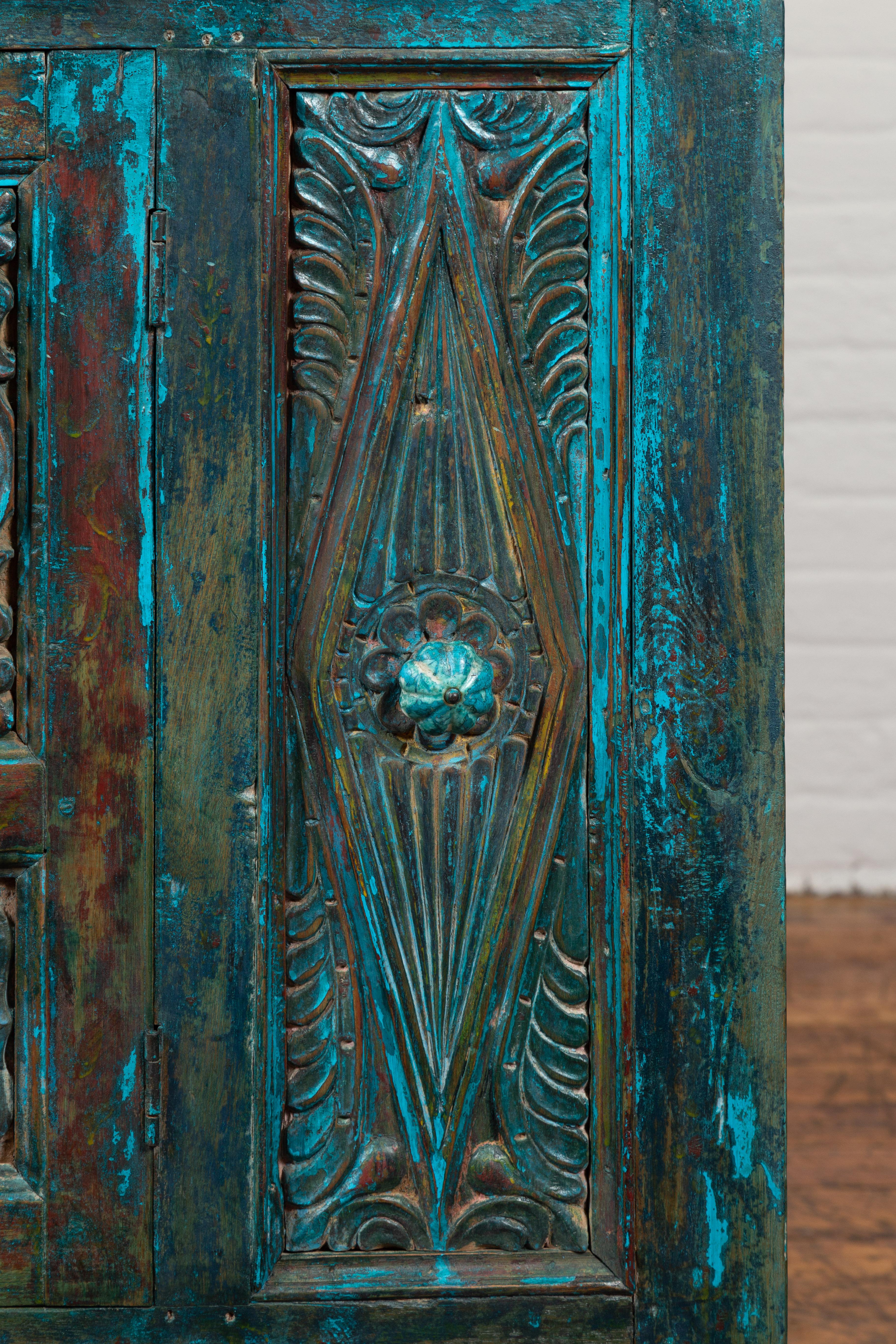 Indian 19th Century Royal Teal Painted Cabinet with Carved Doors and Two Drawers For Sale 5