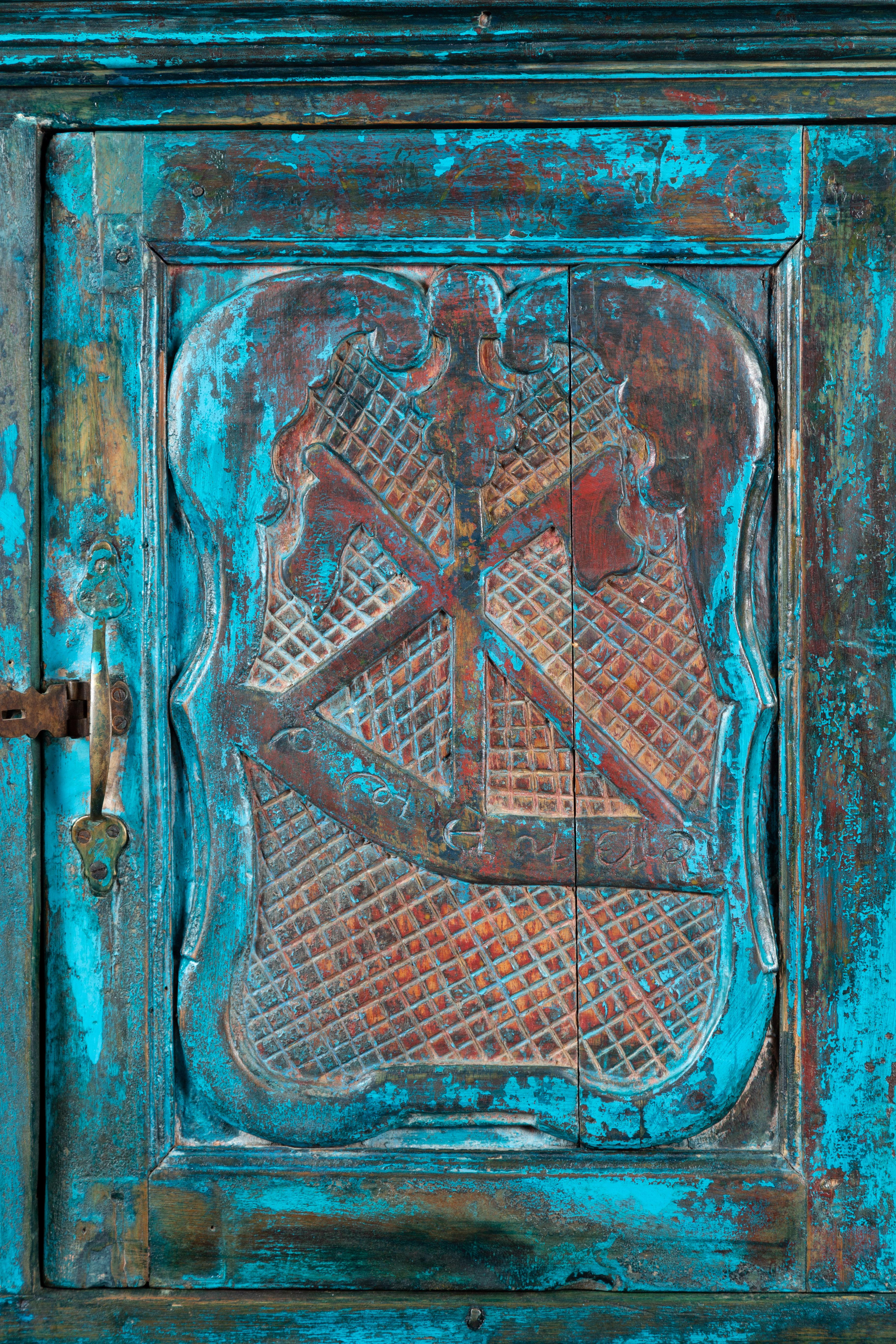 Indian 19th Century Royal Teal Painted Cabinet with Carved Doors and Two Drawers For Sale 6