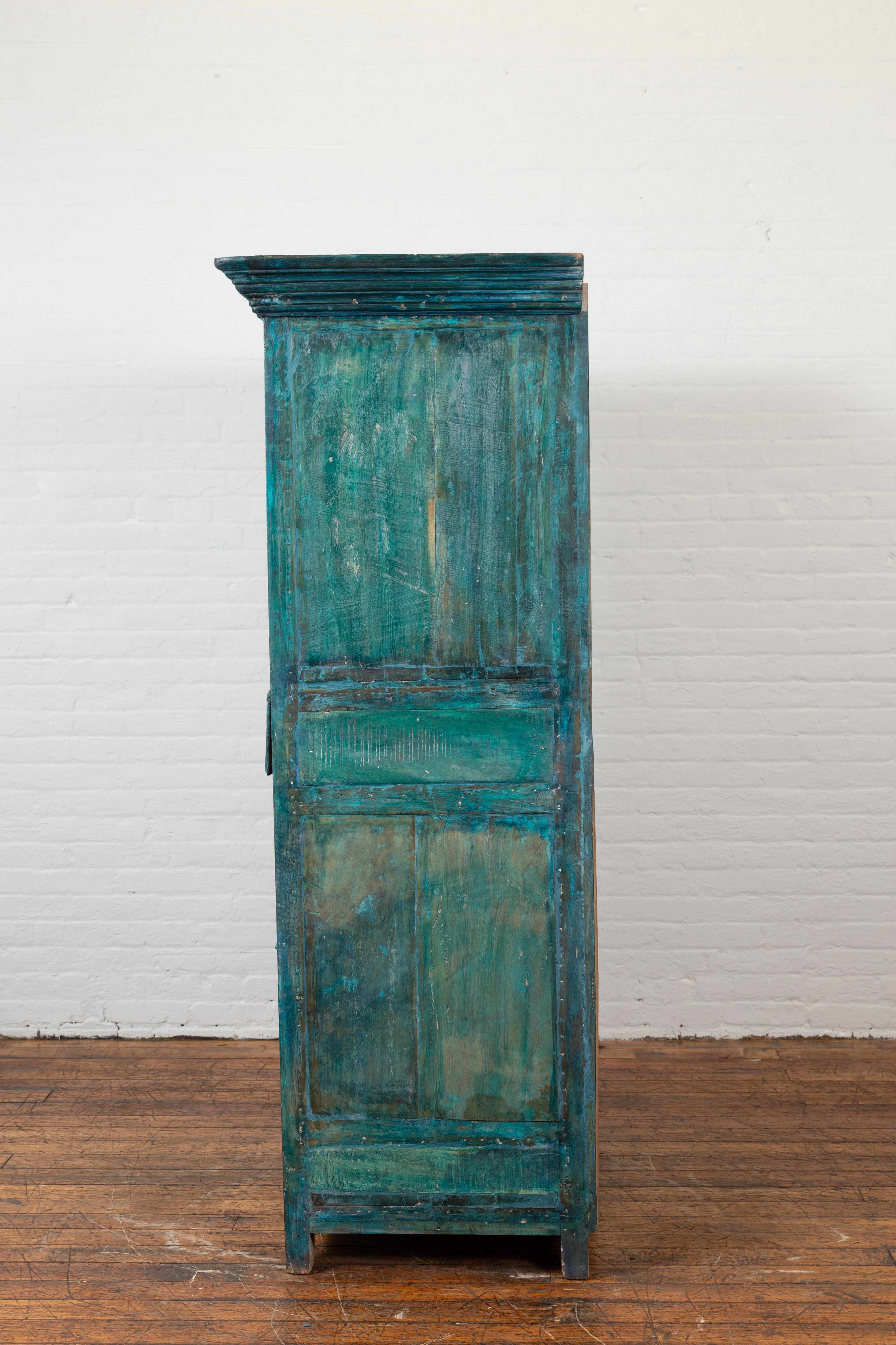 Indian 19th Century Royal Teal Painted Cabinet with Carved Doors and Two Drawers For Sale 10