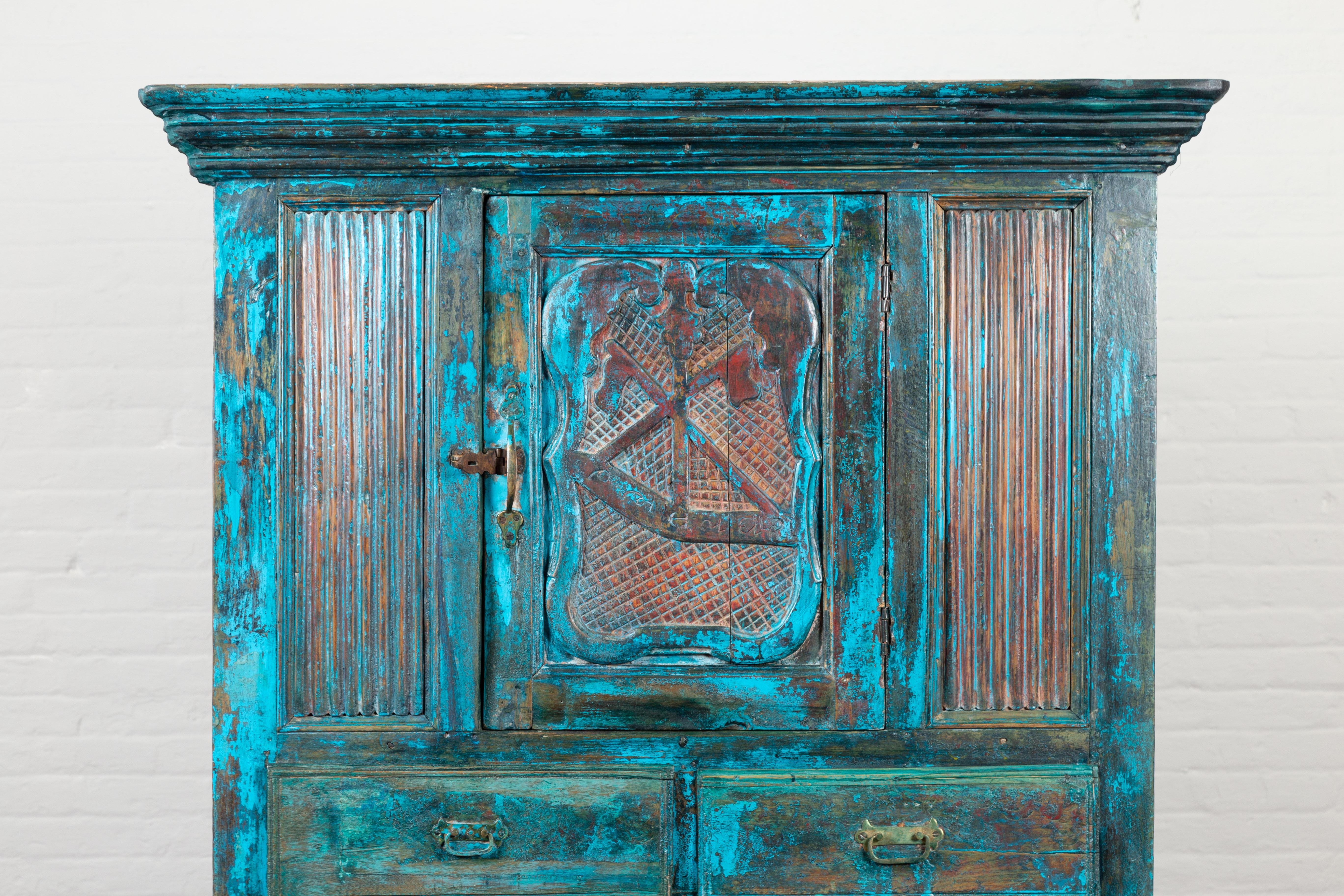 Indian 19th Century Royal Teal Painted Cabinet with Carved Doors and Two Drawers In Good Condition For Sale In Yonkers, NY