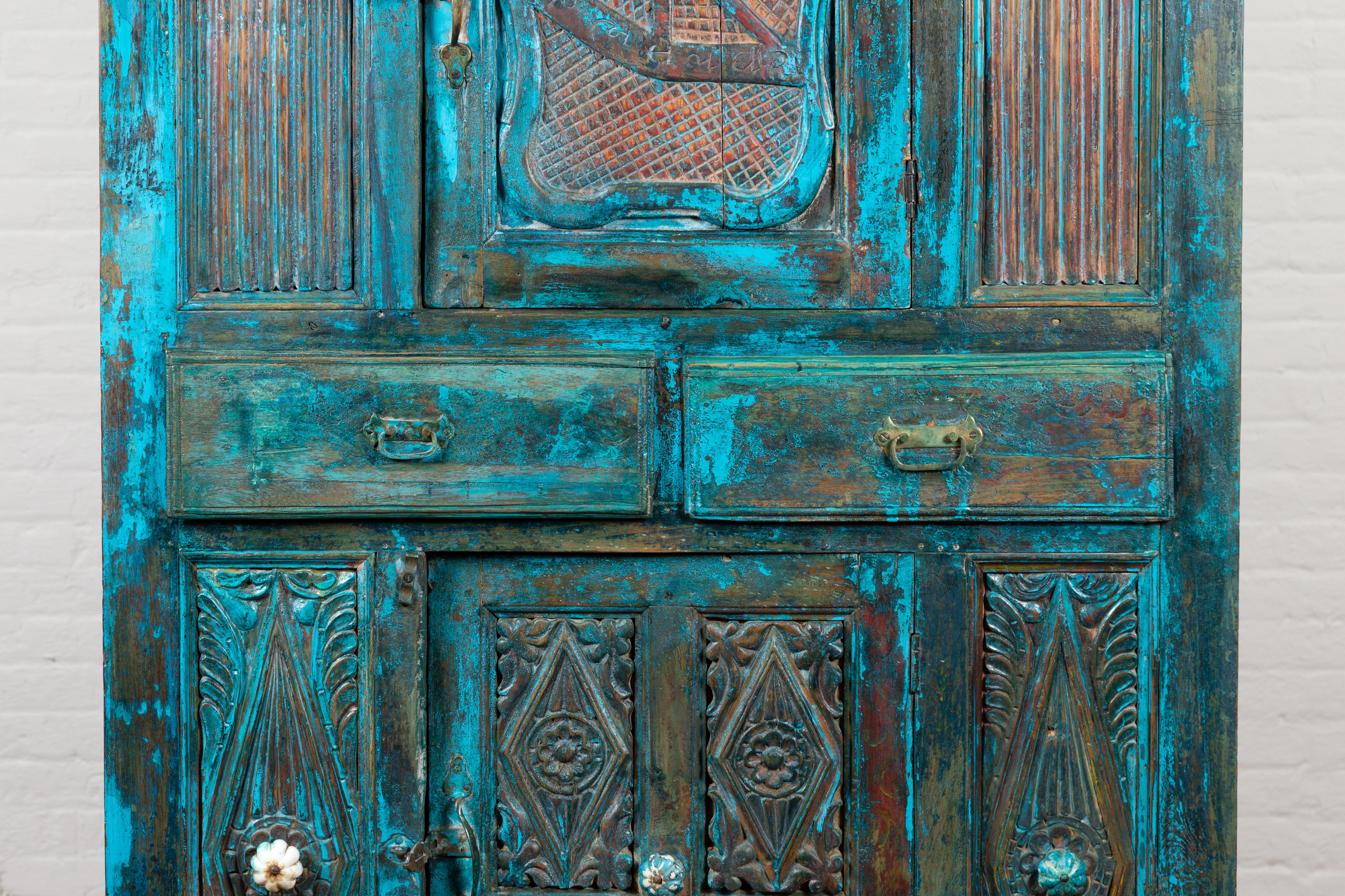 Wood Indian 19th Century Royal Teal Painted Cabinet with Carved Doors and Two Drawers For Sale