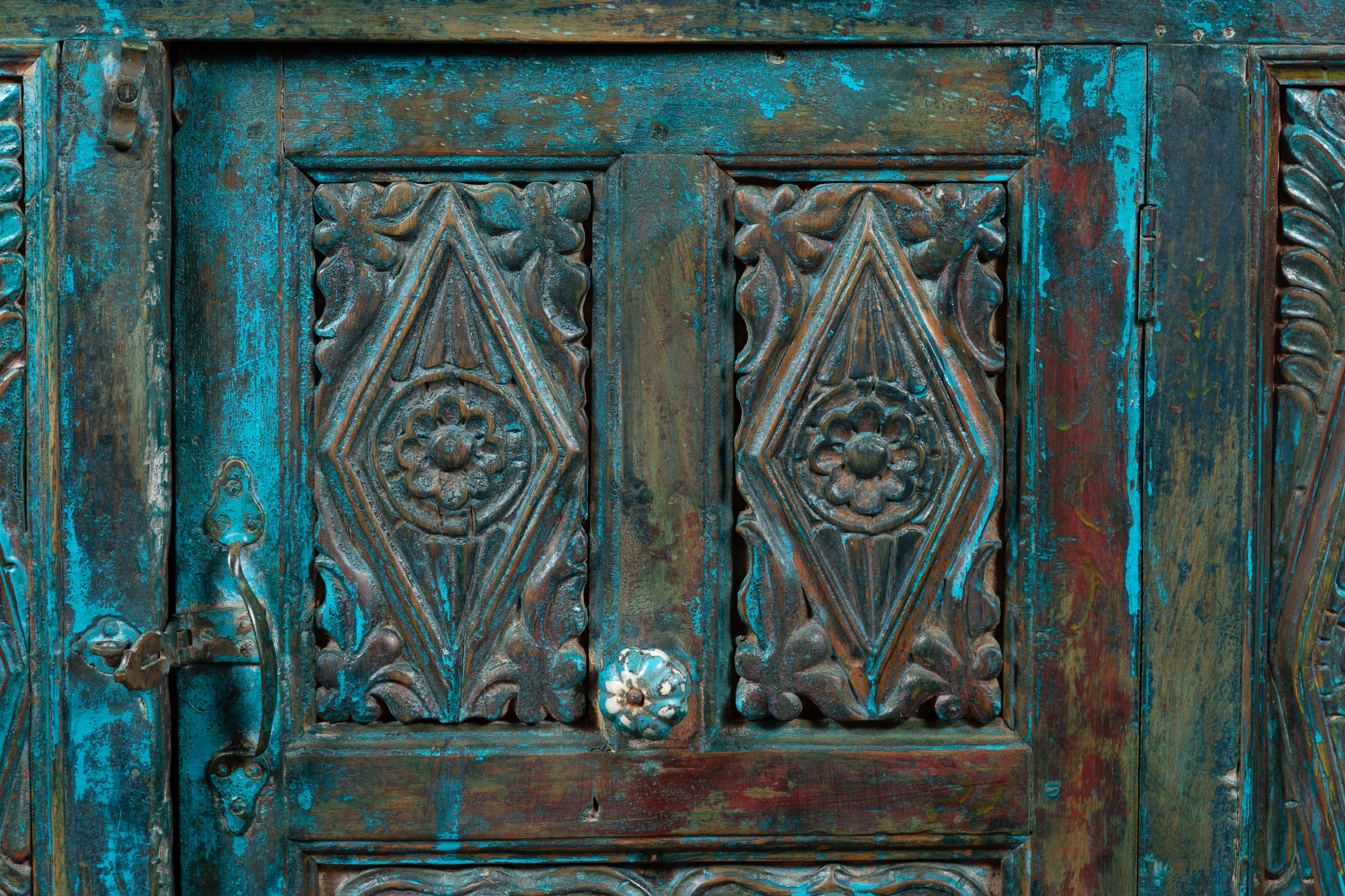Indian 19th Century Royal Teal Painted Cabinet with Carved Doors and Two Drawers For Sale 2