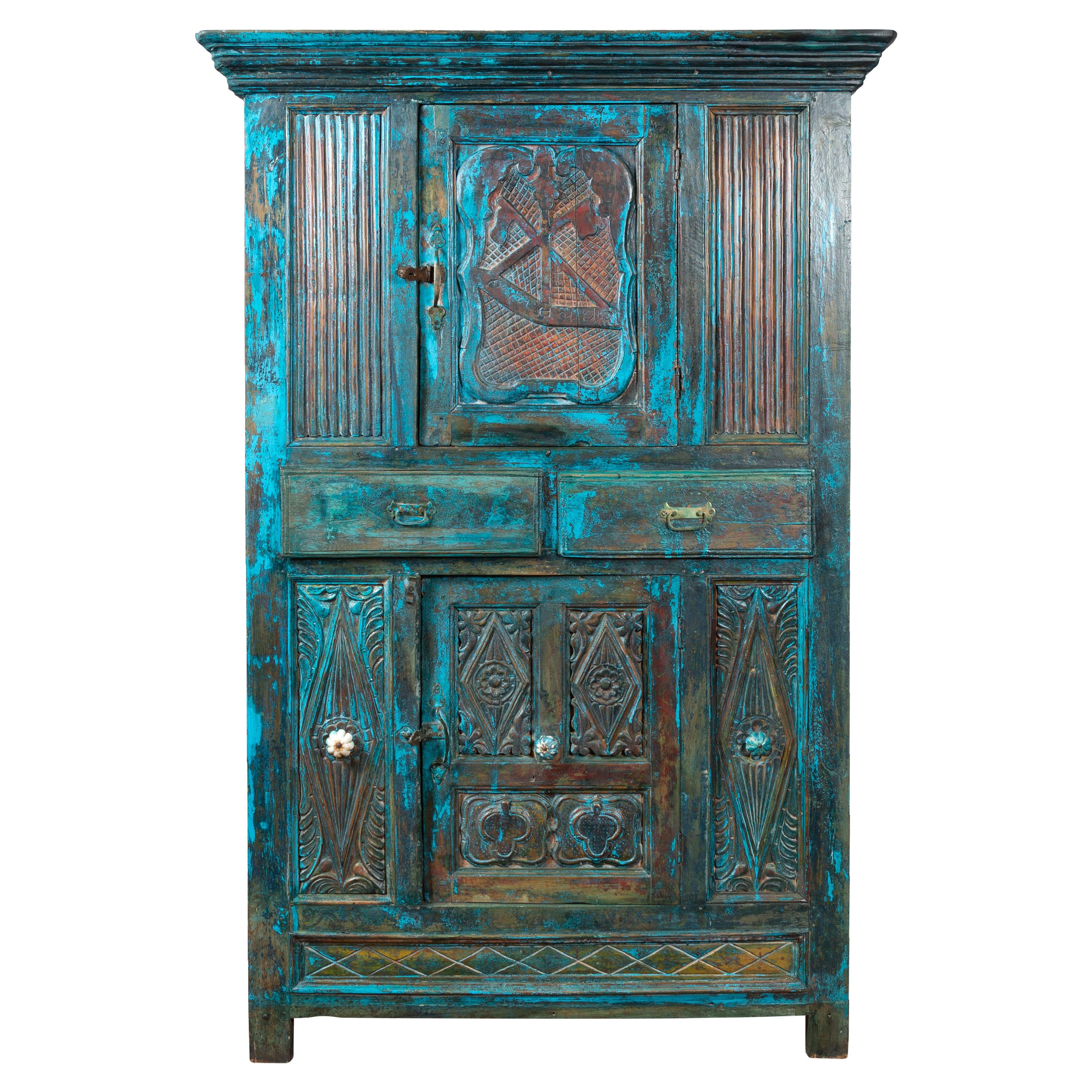 Indian 19th Century Royal Teal Painted Cabinet with Carved Doors and Two Drawers For Sale