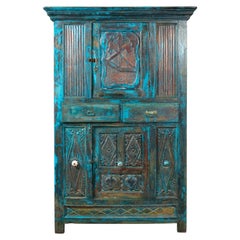 Antique Indian 19th Century Royal Teal Painted Cabinet with Carved Doors and Two Drawers