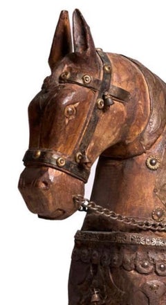 Antique Indian Ceremonial Large State Horse, Carved Wood with Metal Trappings