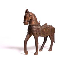 Antique Indian Ceremonial Large State Horse, Carved Wood with Metal Trappings