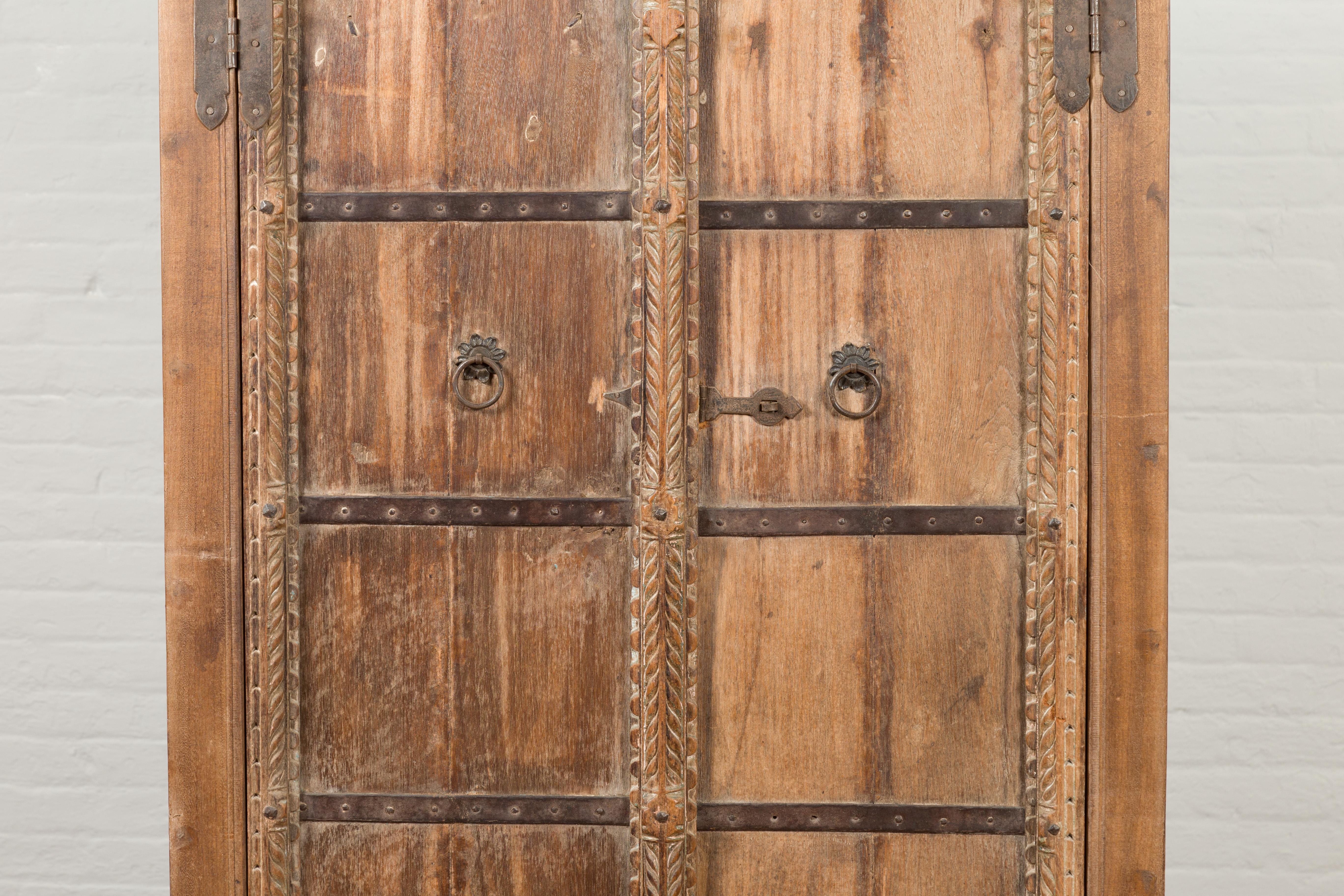 Indian 19th Century Sheesham Gujarat Cabinet with Carved Doors and Iron Accents In Good Condition In Yonkers, NY