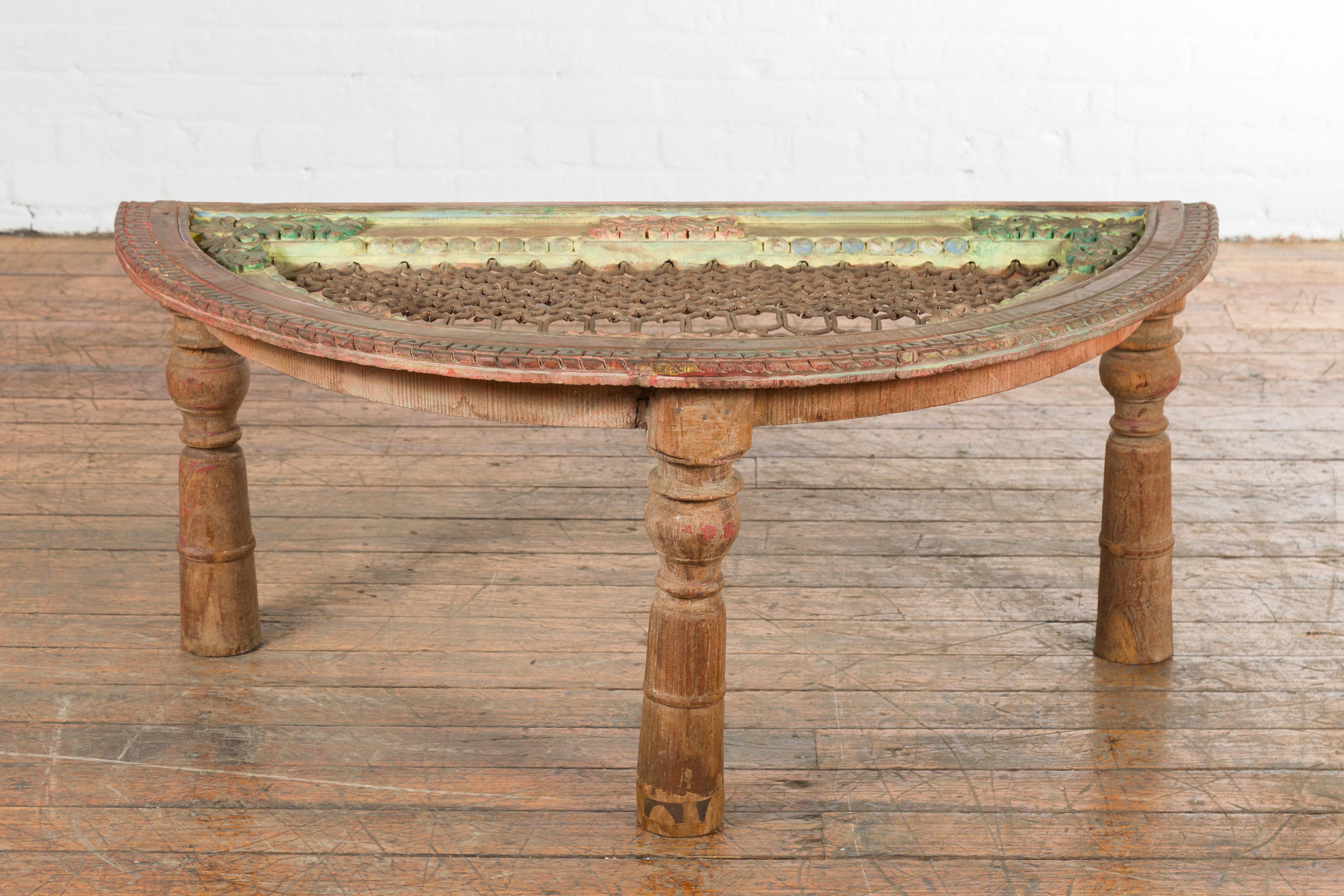 Indian 19th Century Sheesham Wood Low Demilune Table with Window Grate Iron Top For Sale 9
