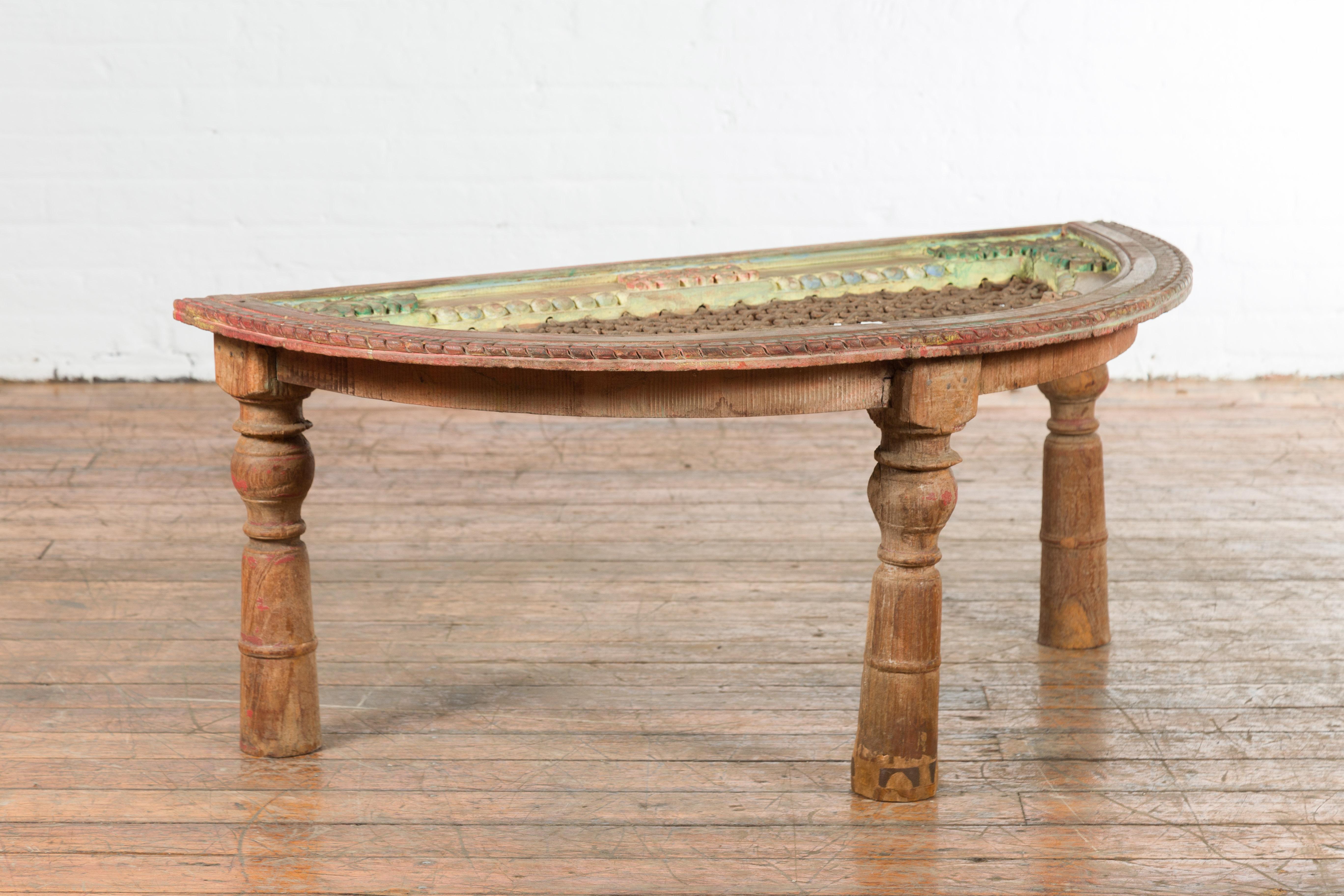 Indian 19th Century Sheesham Wood Low Demilune Table with Window Grate Iron Top For Sale 10
