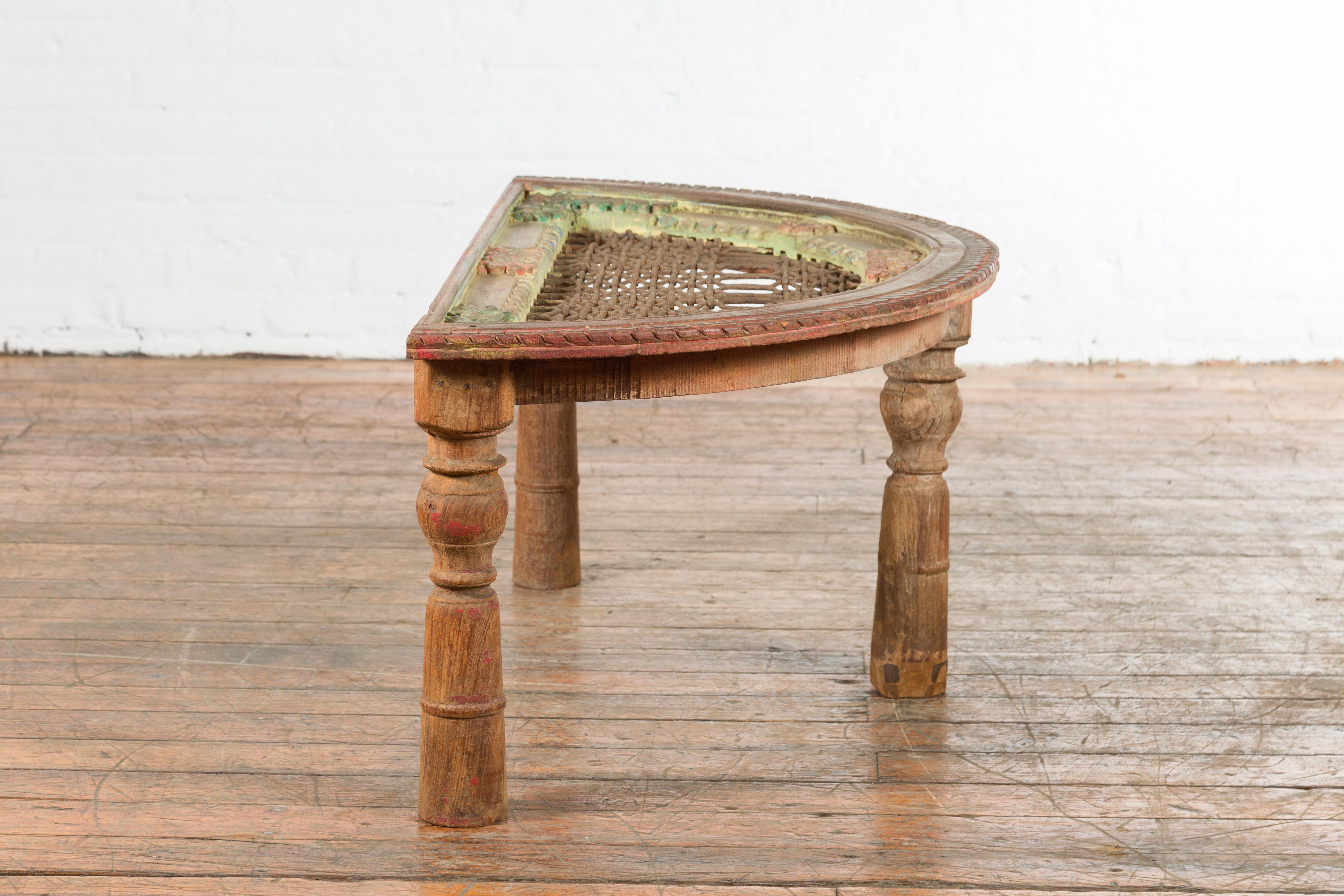 Indian 19th Century Sheesham Wood Low Demilune Table with Window Grate Iron Top For Sale 11