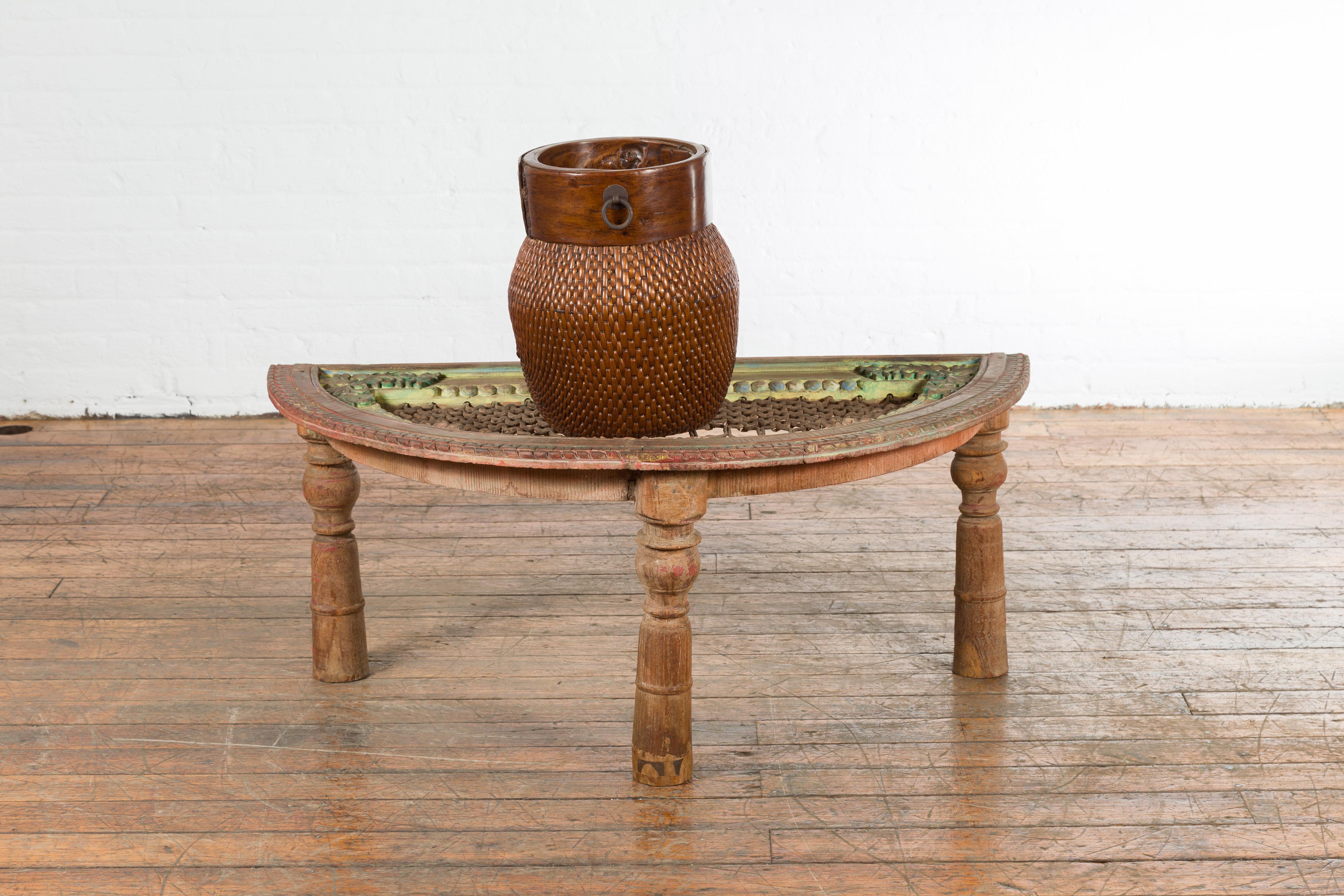 Carved Indian 19th Century Sheesham Wood Low Demilune Table with Window Grate Iron Top For Sale