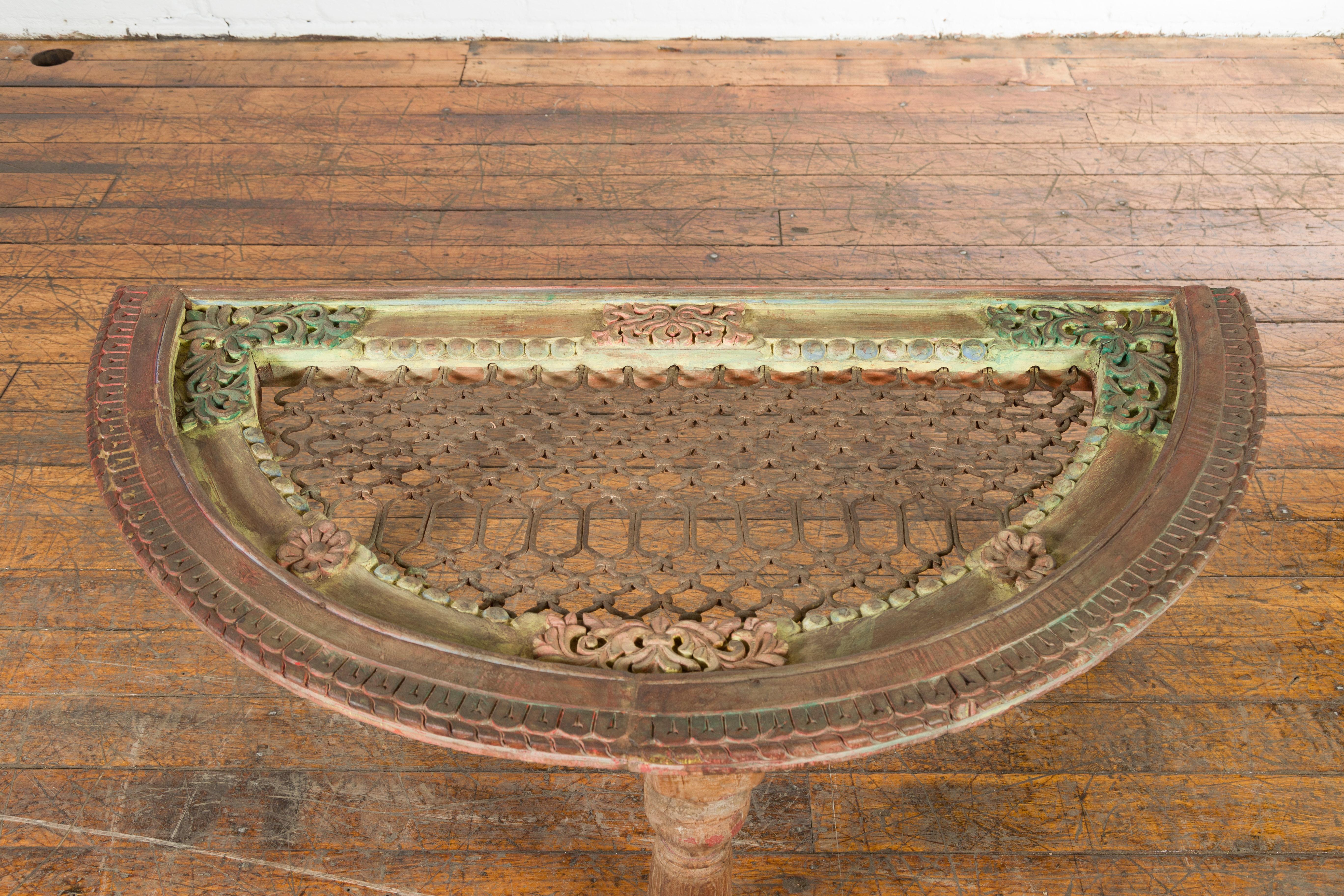 Indian 19th Century Sheesham Wood Low Demilune Table with Window Grate Iron Top In Good Condition For Sale In Yonkers, NY