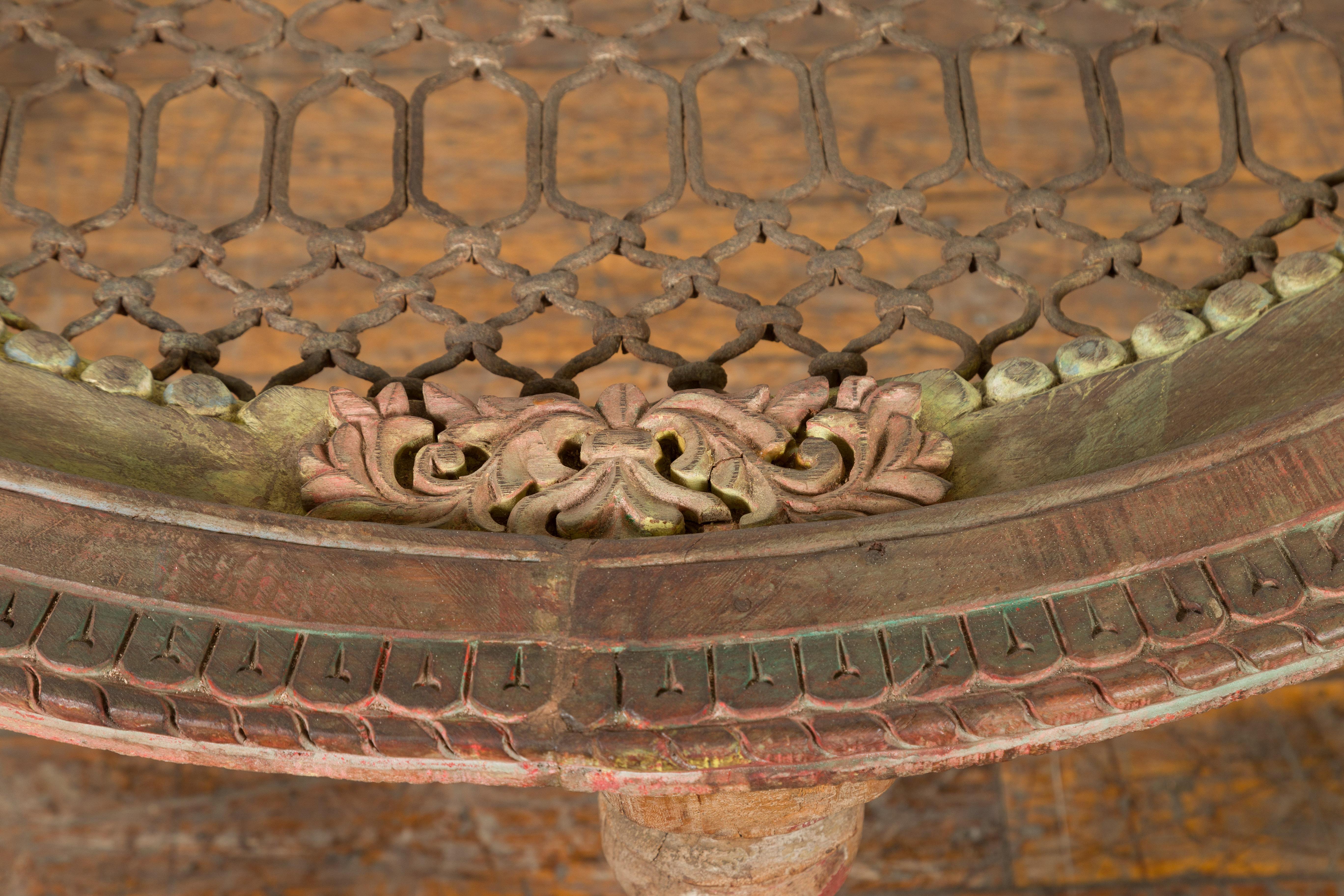 Indian 19th Century Sheesham Wood Low Demilune Table with Window Grate Iron Top For Sale 3