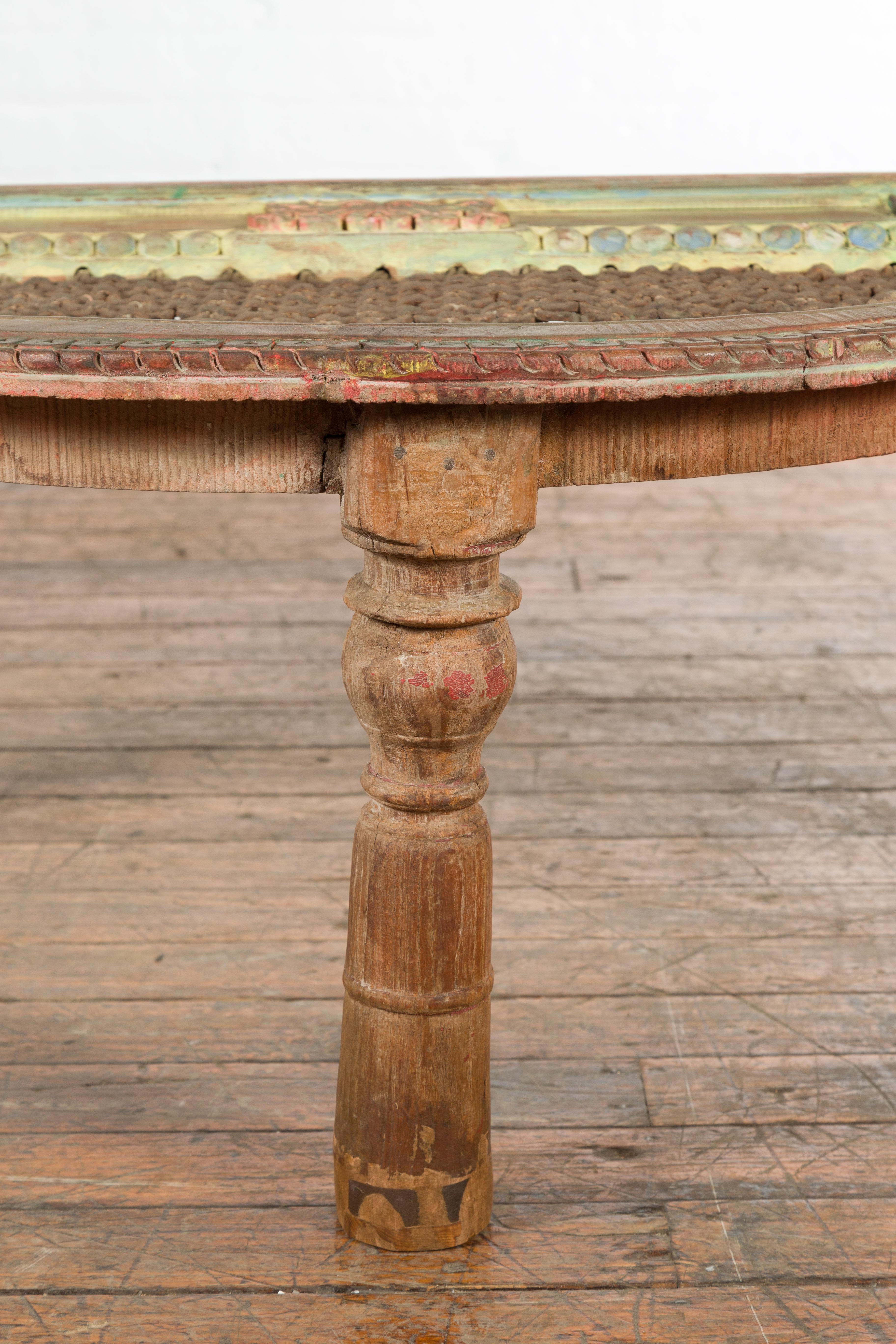 Indian 19th Century Sheesham Wood Low Demilune Table with Window Grate Iron Top For Sale 5