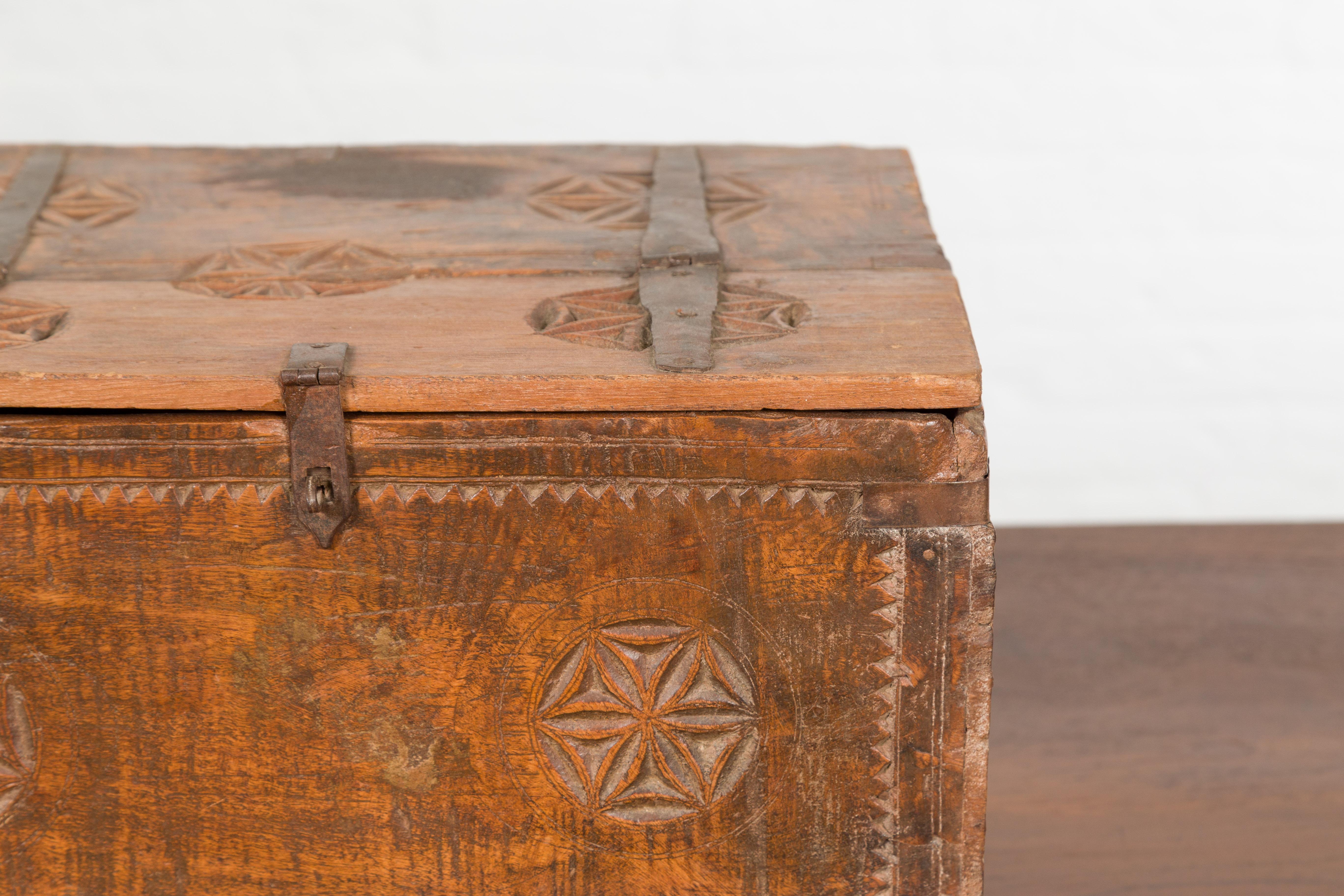 Indian 19th Century Small Wooden Box with Iron Hardware and Carved Rosacea For Sale 2