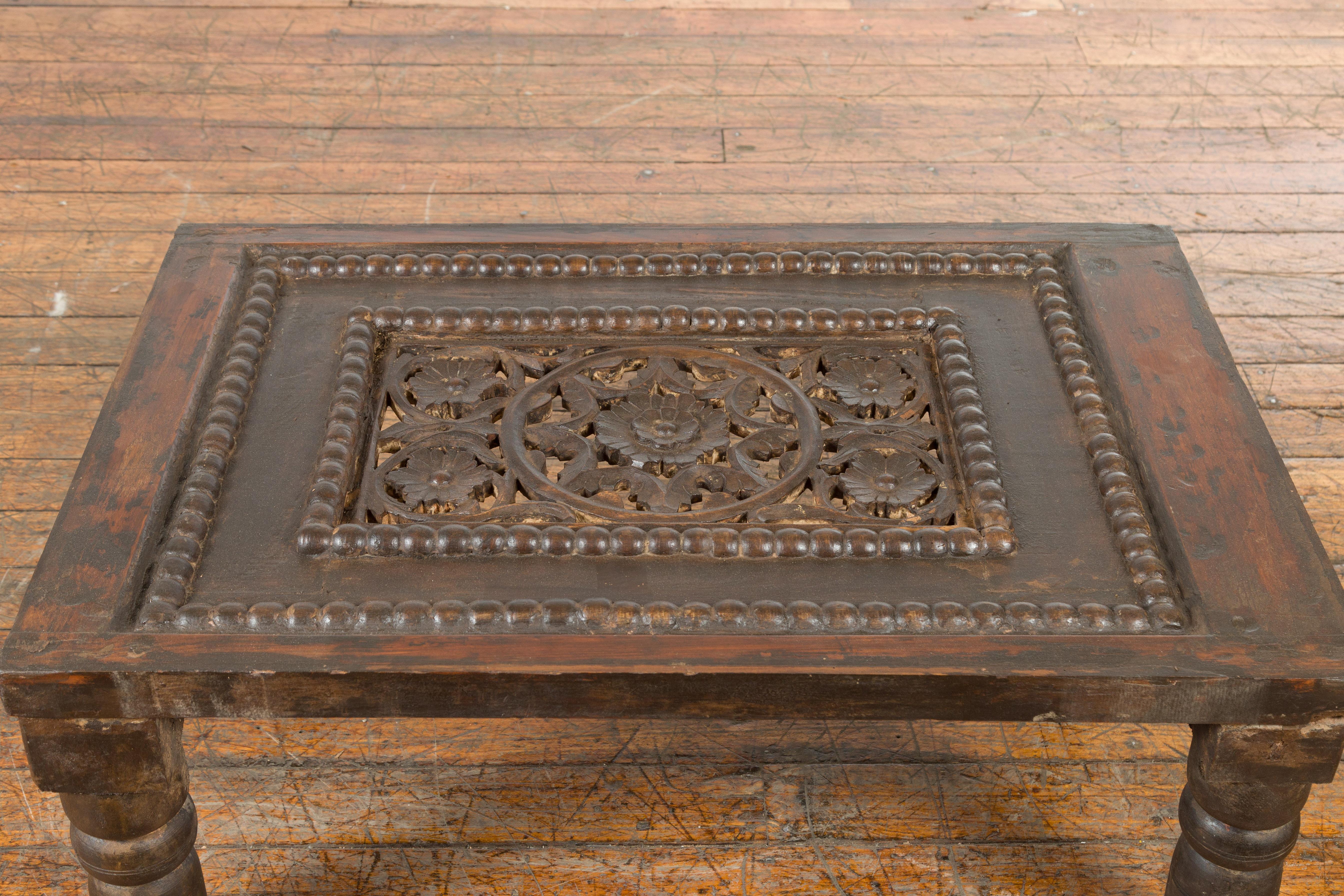 Indian 19th Century Small Wooden Coffee Table with Carved Floral Motifs For Sale 5