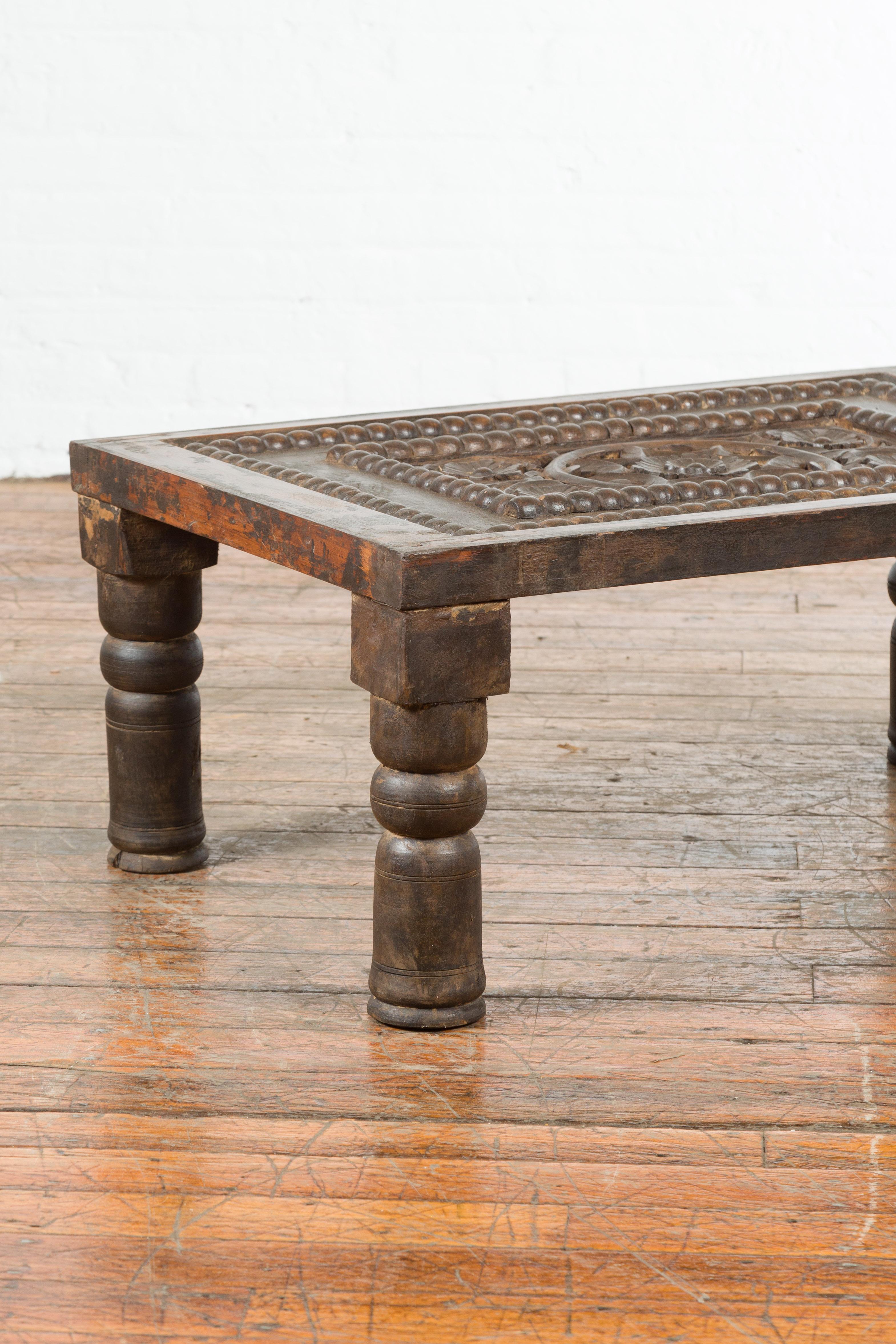 Indian 19th Century Small Wooden Coffee Table with Carved Floral Motifs For Sale 7