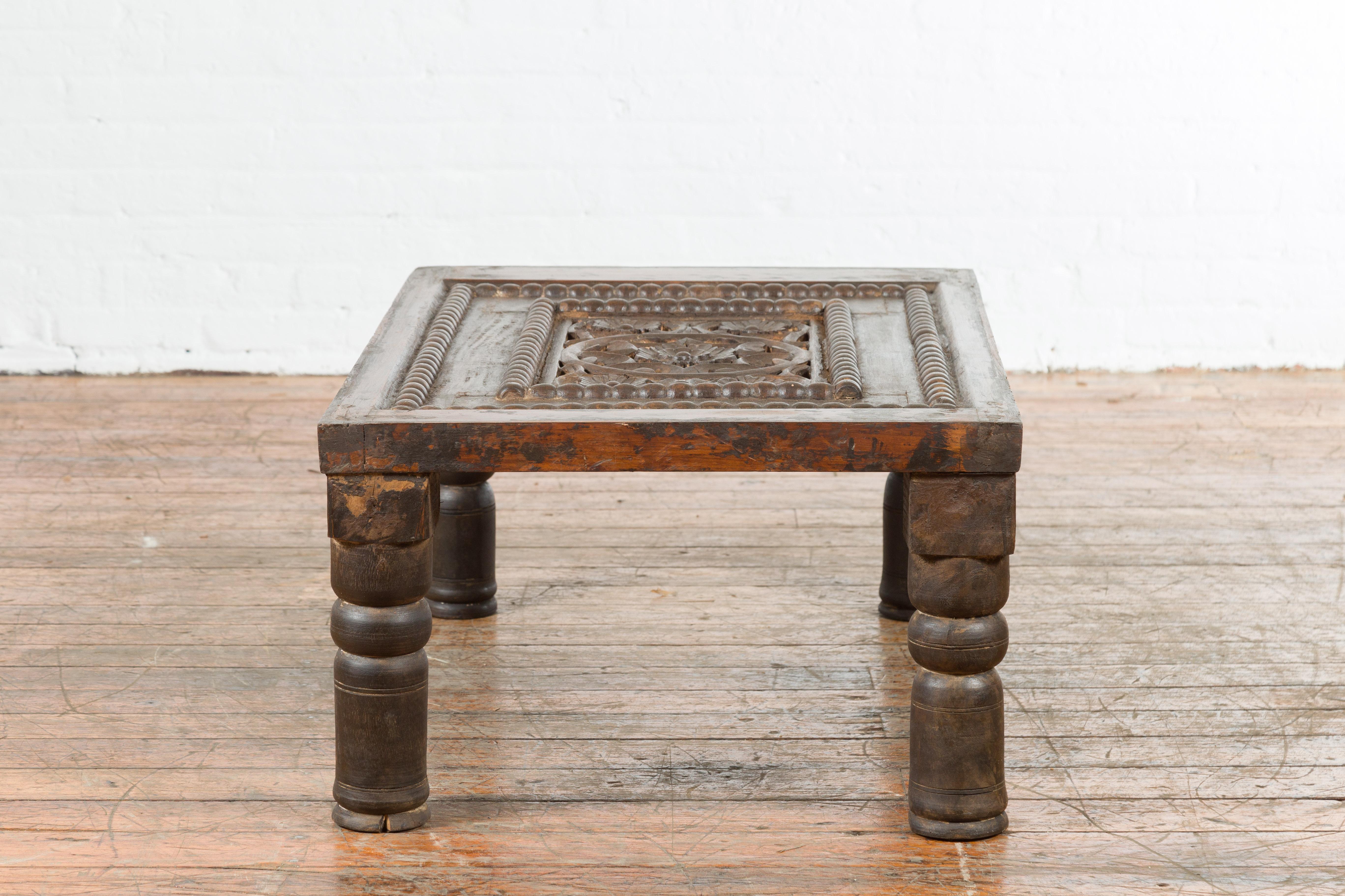Indian 19th Century Small Wooden Coffee Table with Carved Floral Motifs For Sale 8