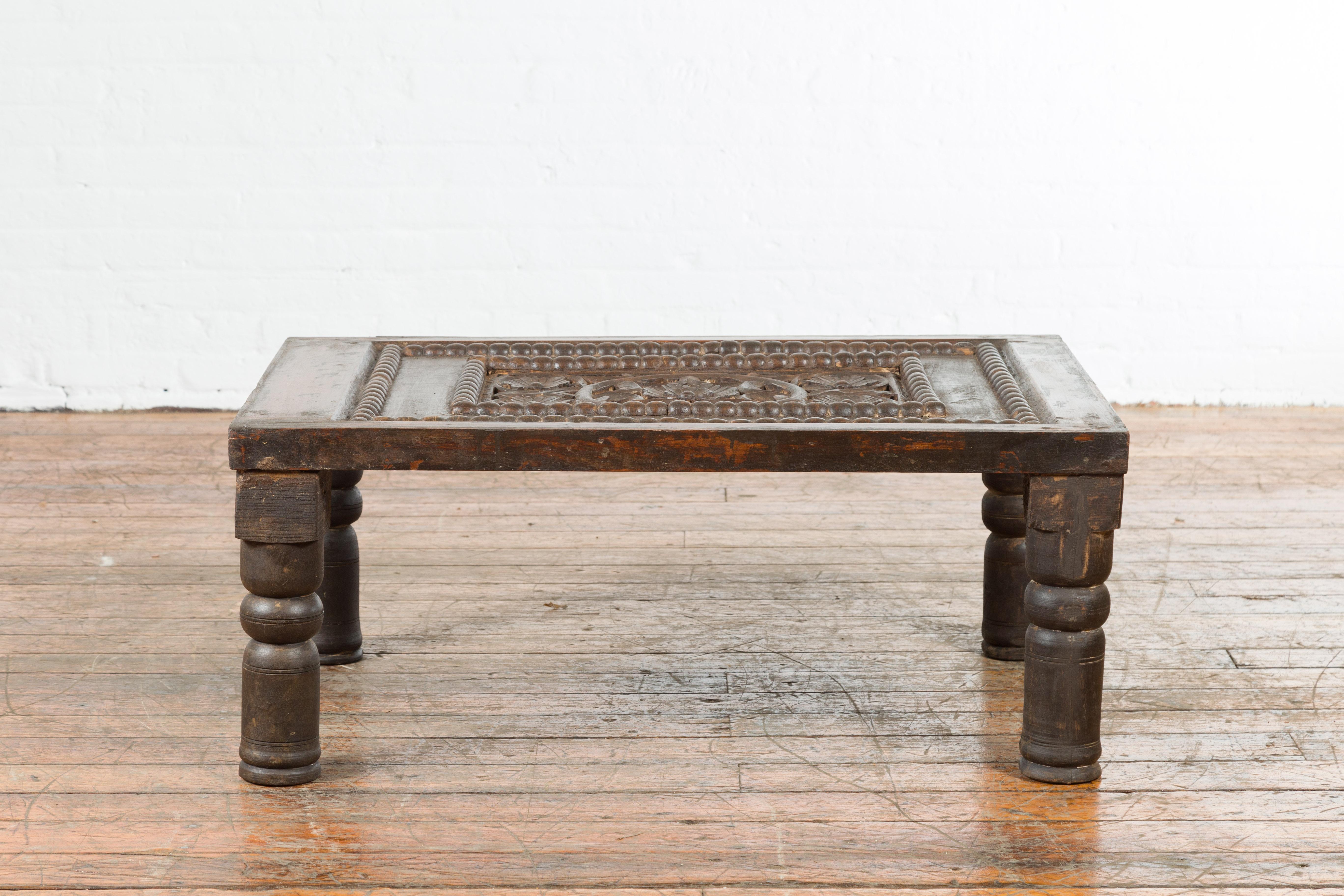Indian 19th Century Small Wooden Coffee Table with Carved Floral Motifs For Sale 9