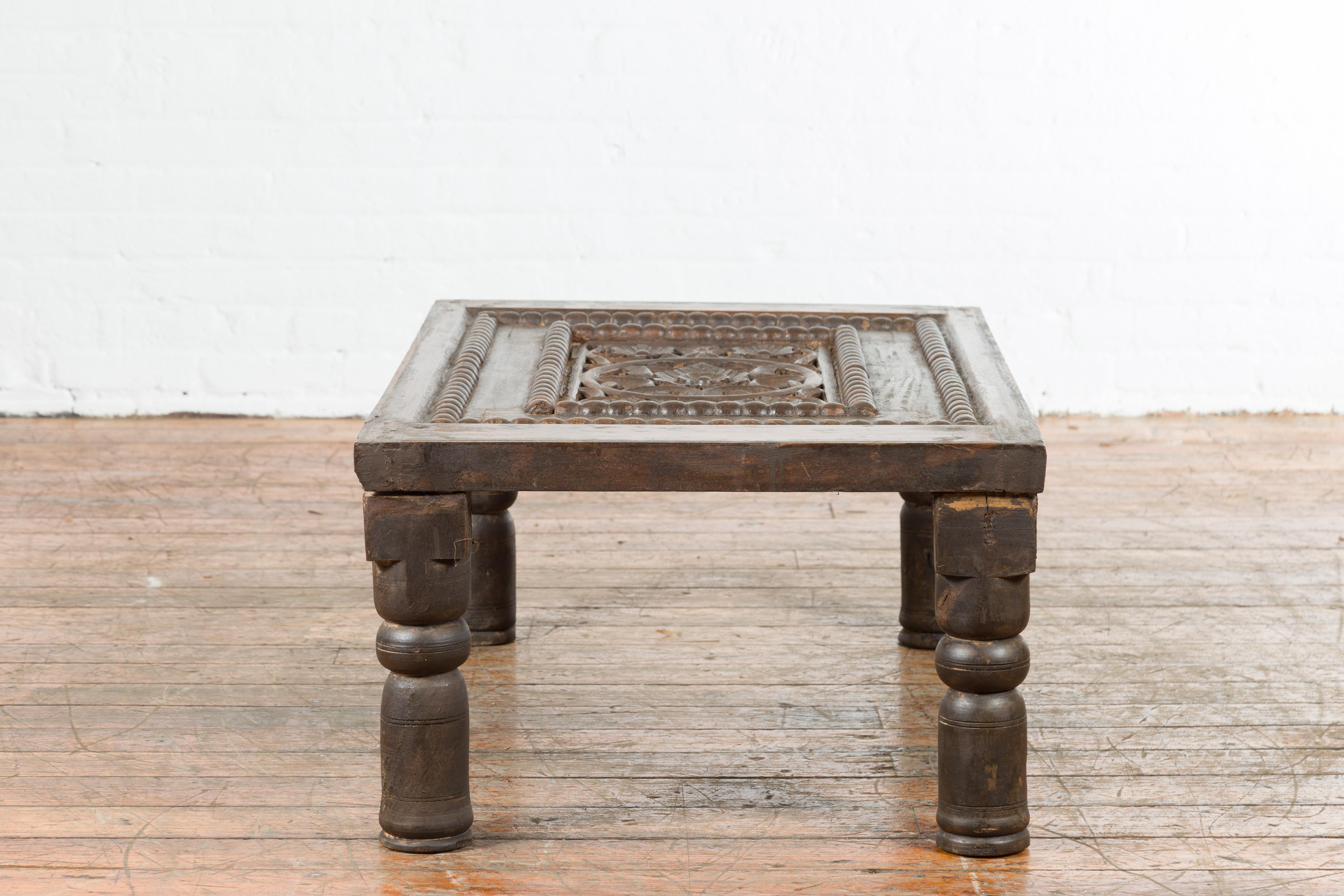 Indian 19th Century Small Wooden Coffee Table with Carved Floral Motifs For Sale 10