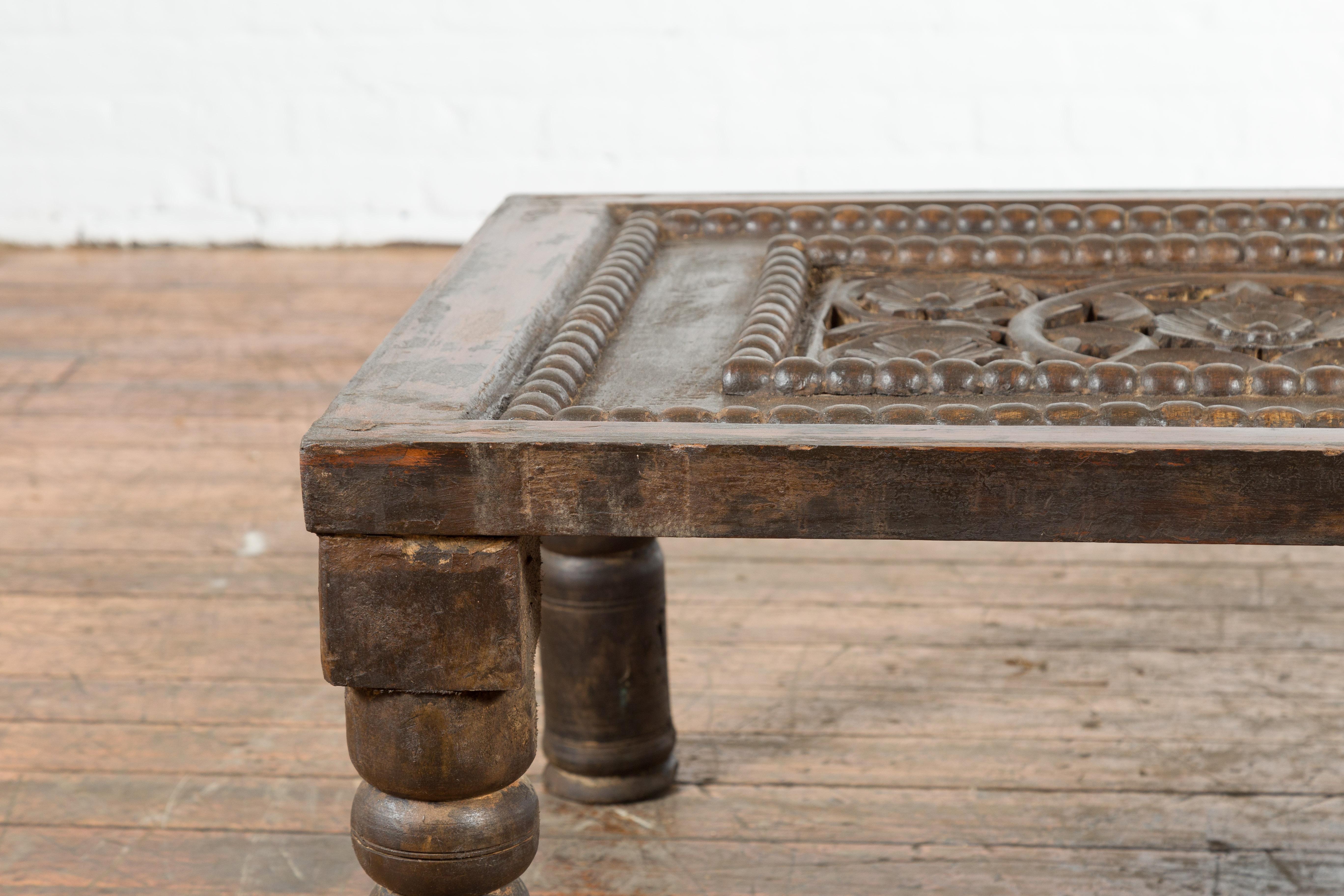 Indian 19th Century Small Wooden Coffee Table with Carved Floral Motifs For Sale 2