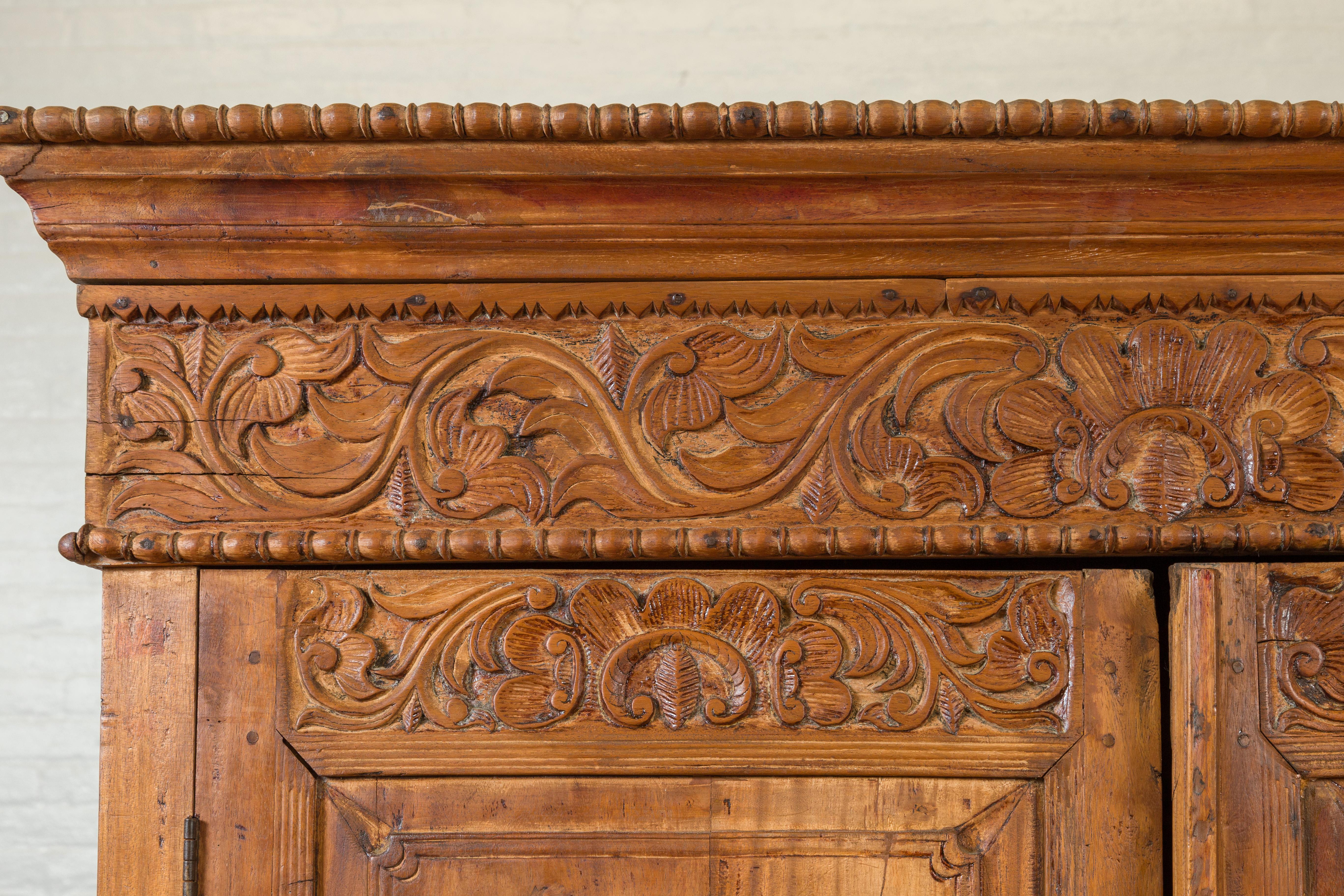 Indian 19th Century Tall Cabinet with Carved Scrolling Foliage and Beaded Motifs In Good Condition For Sale In Yonkers, NY