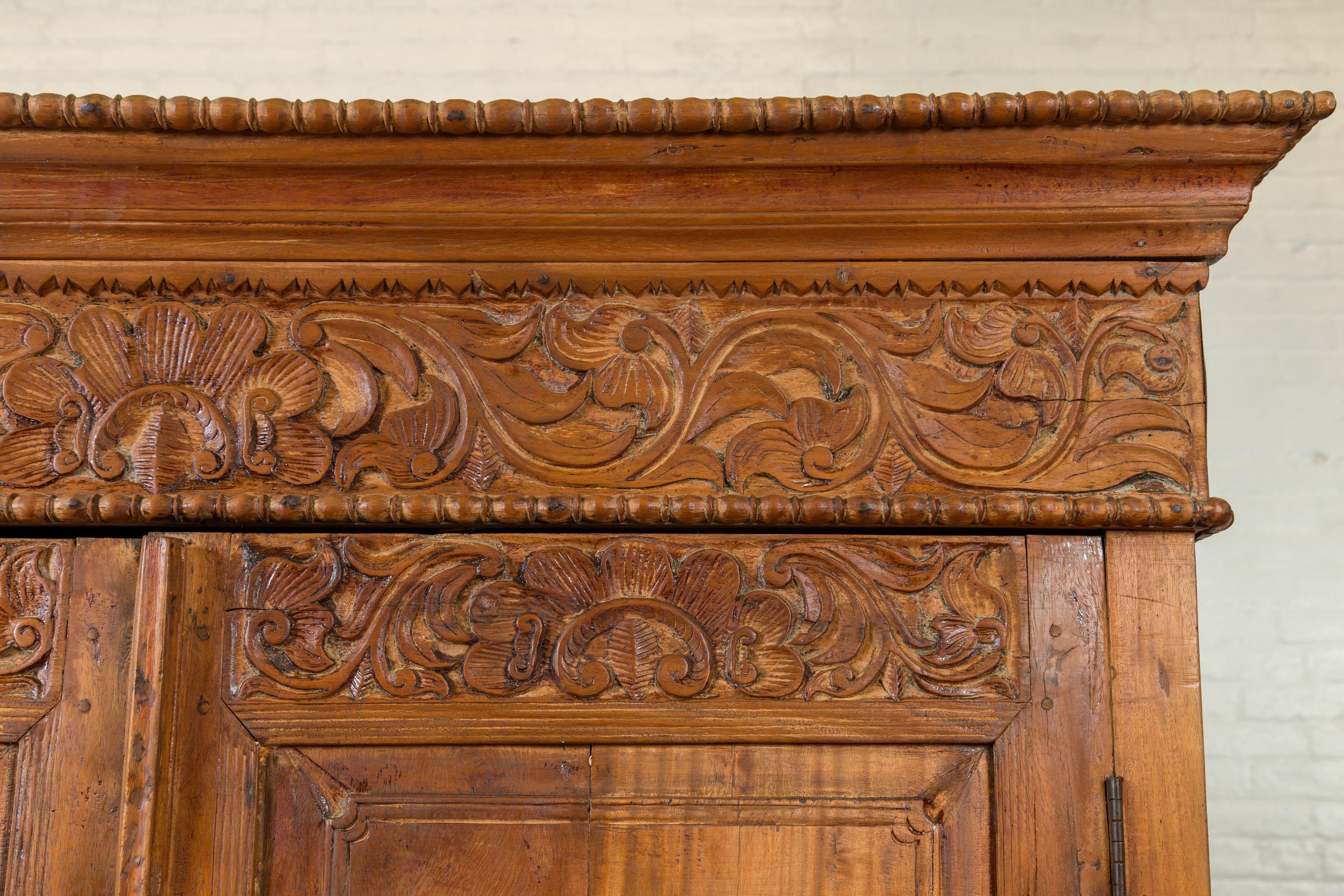 Wood Indian 19th Century Tall Cabinet with Carved Scrolling Foliage and Beaded Motifs For Sale