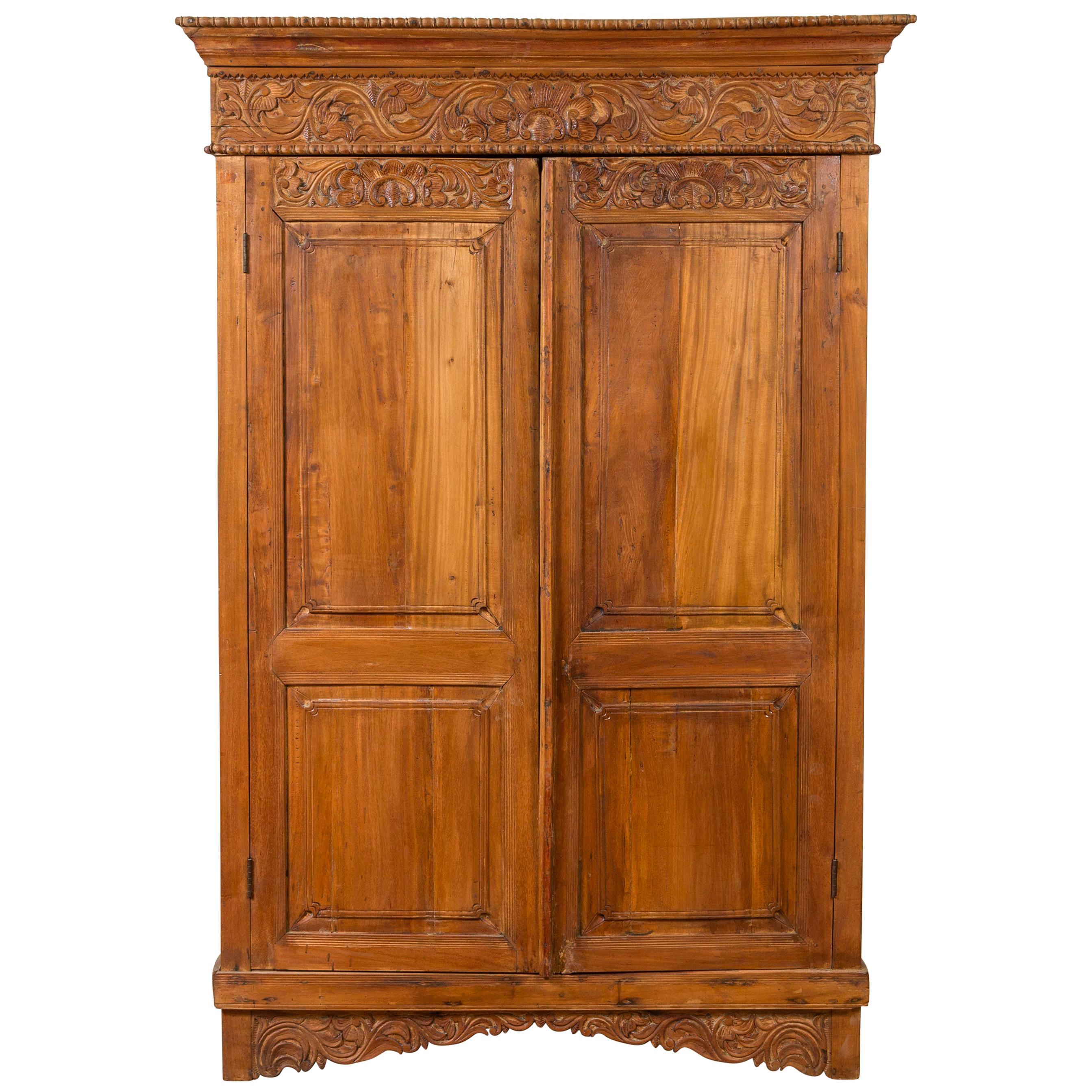 Indian 19th Century Tall Cabinet with Carved Scrolling Foliage and Beaded Motifs