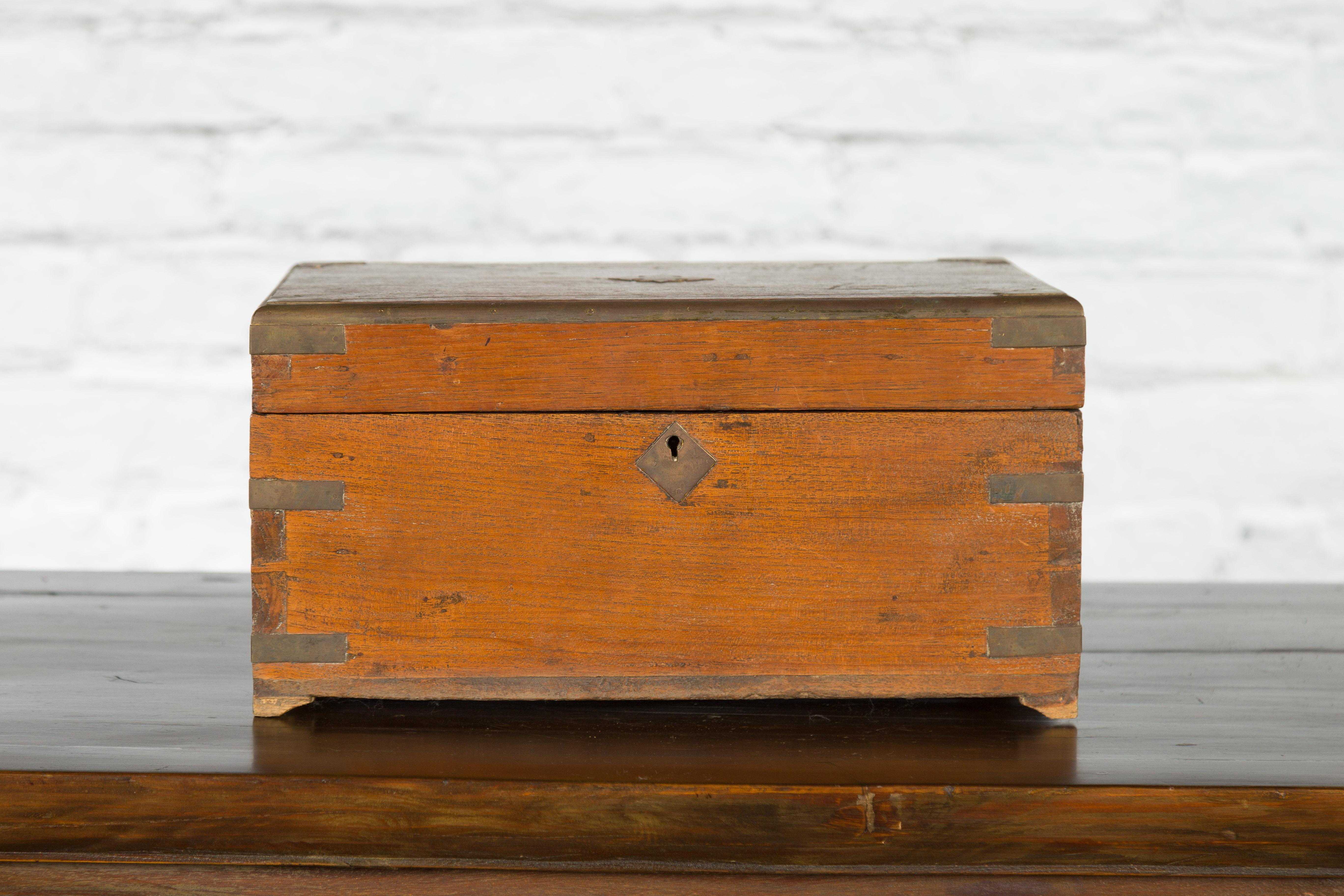 Rustic Indian 19th Century Treasure Box with Brass Details and Partitioned Interior For Sale