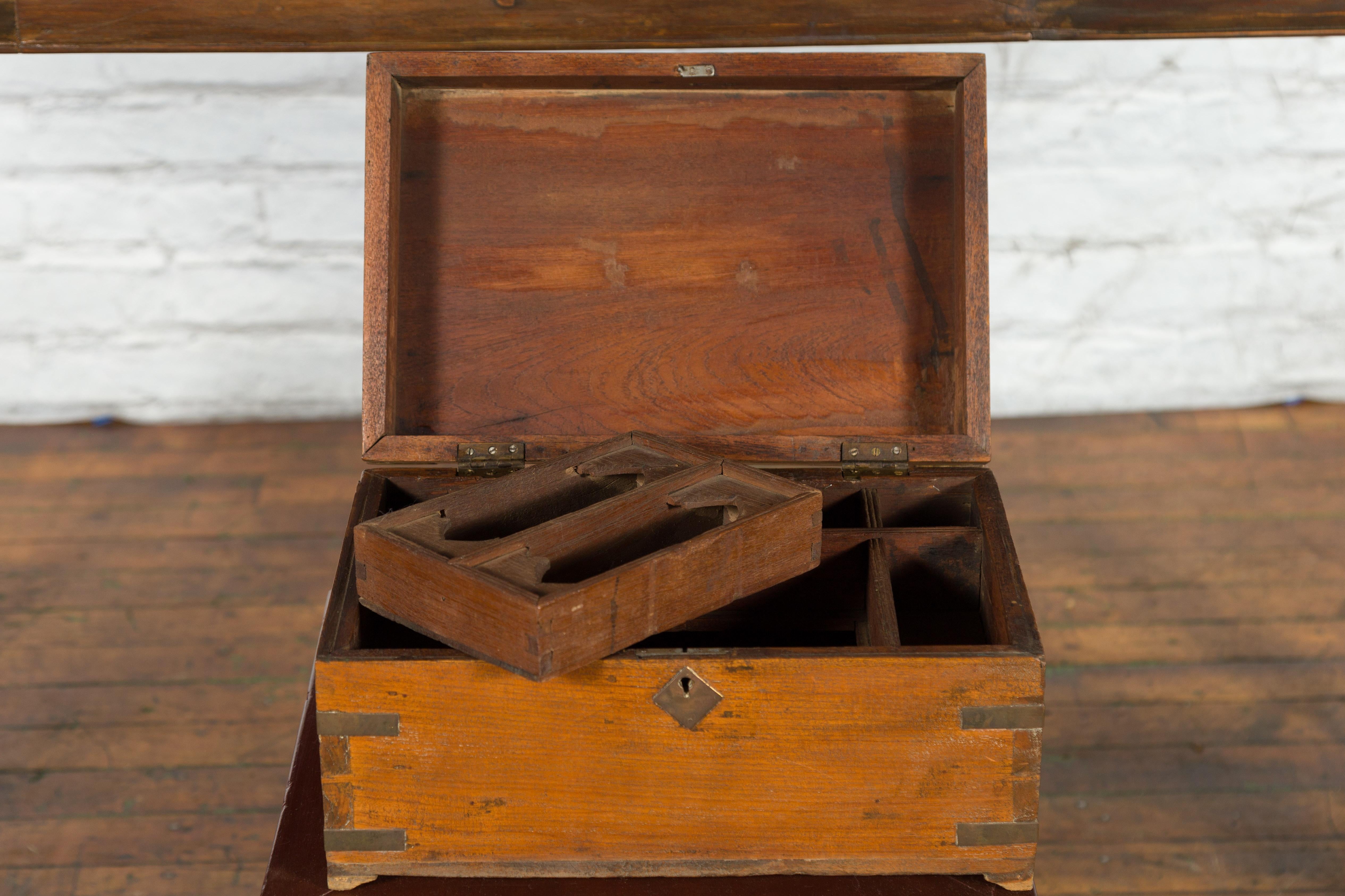 Hand-Crafted Indian 19th Century Treasure Box with Brass Details and Partitioned Interior