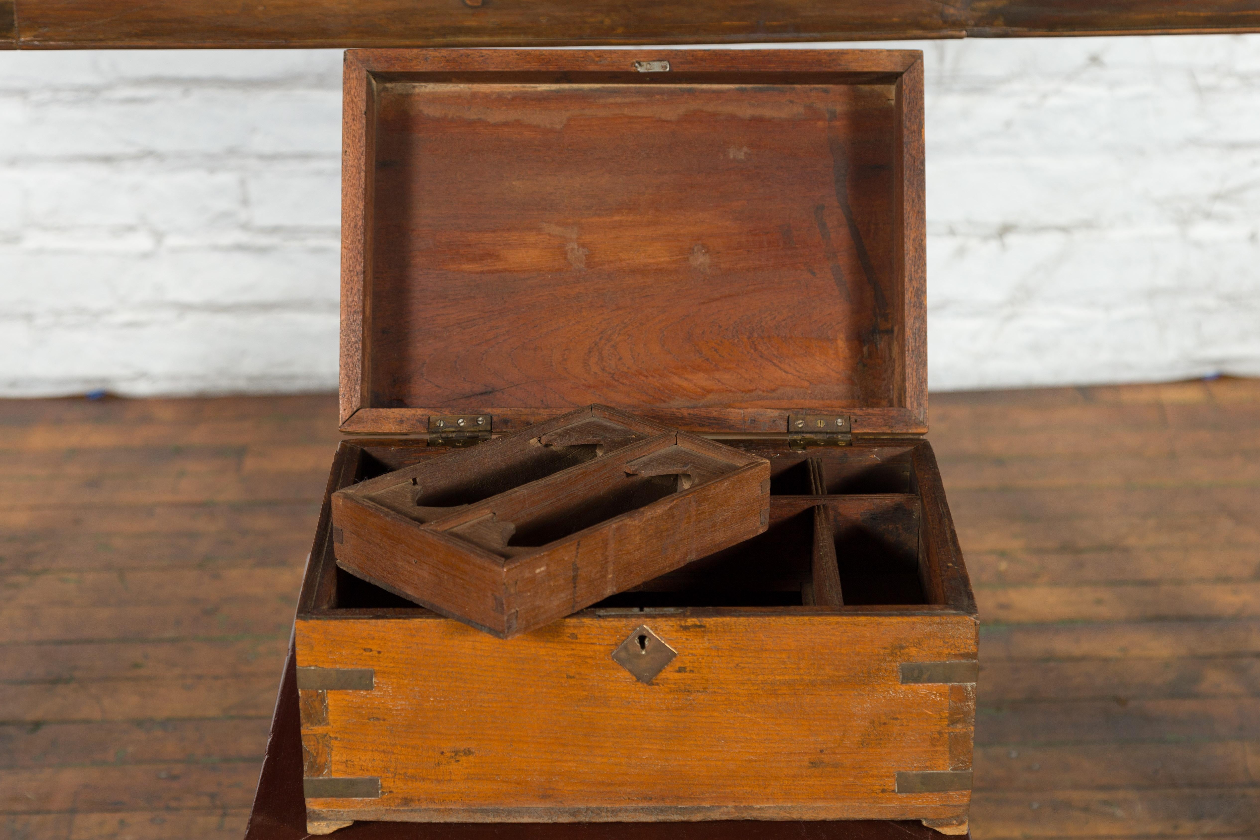 Hand-Crafted Indian 19th Century Treasure Box with Brass Details and Partitioned Interior For Sale